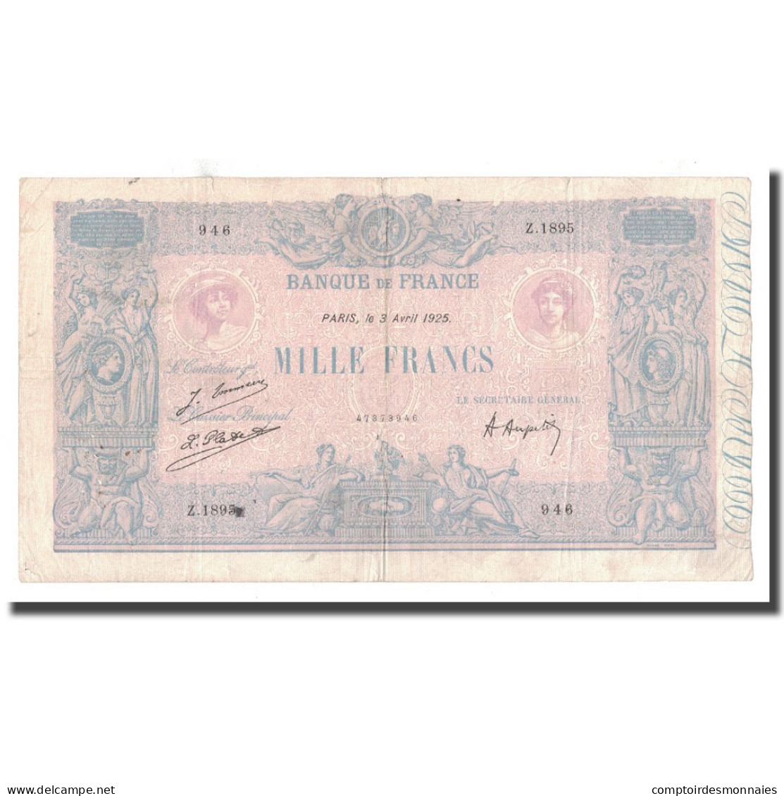 France, 1000 Francs, 1925, 1925, TB+, Fayette:36.41, KM:67j - 1 000 F 1889-1926 ''Bleu Et Rose''