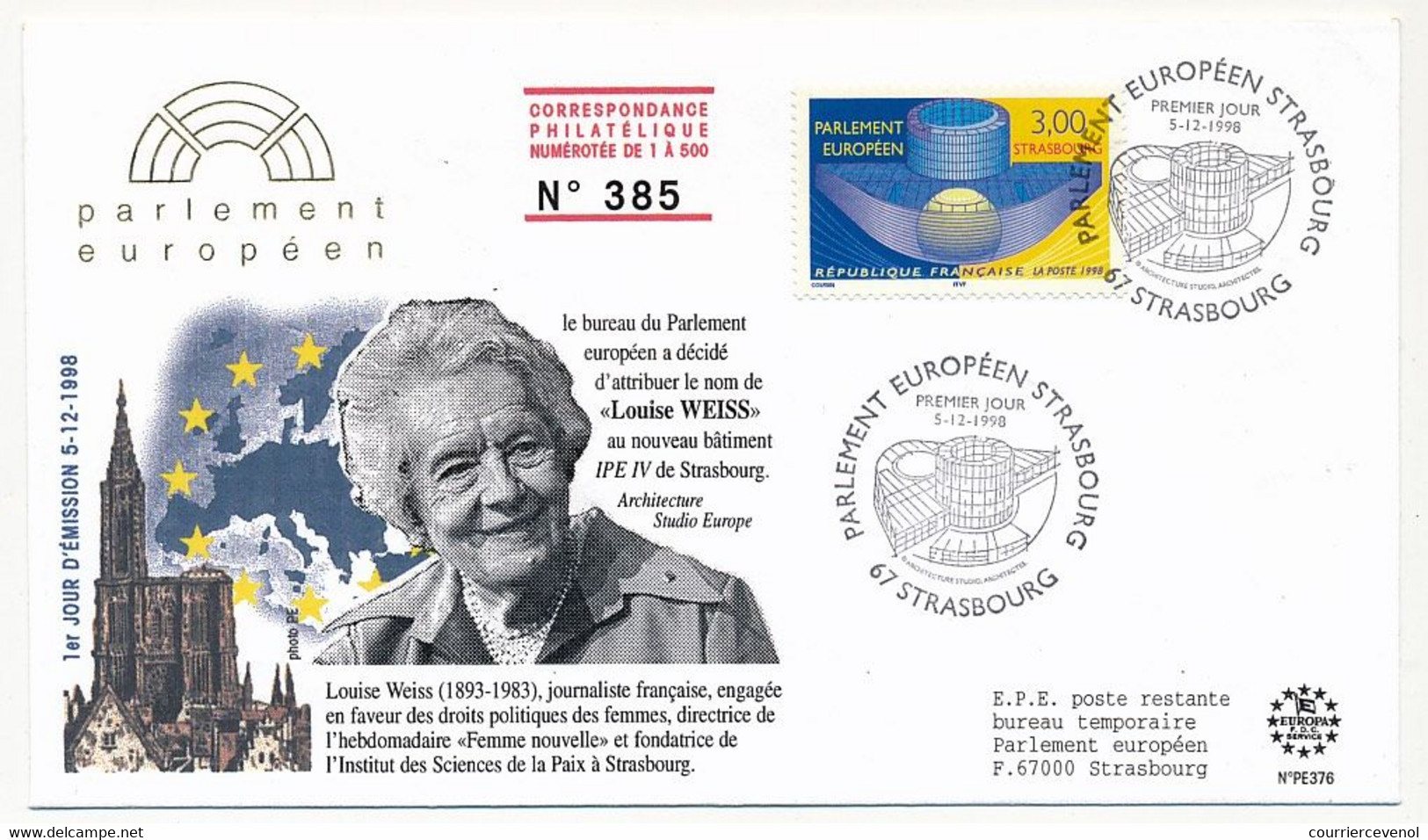 FRANCE - Env. FDC - 3,00F Parlement Européen - Premier Jour Strasbourg 5/12/98 - Illustrée Louise Weiss - 1990-1999