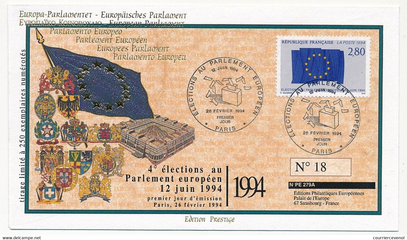 FRANCE - Env. FDC - 2,80F Elections Parlement Européen - Premier Jour Paris 26/2/1994 - 1990-1999