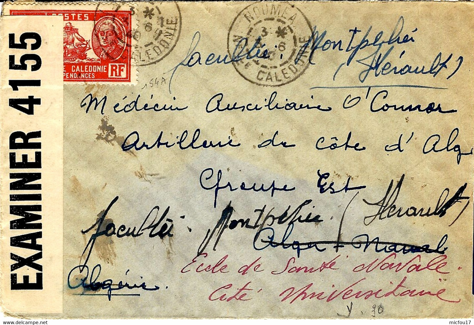 Juin 1940- Enveloppe De Nouvelle Calédonie Affr. 1 F  Pour Alger -  Censure Anglaise - Altri & Non Classificati