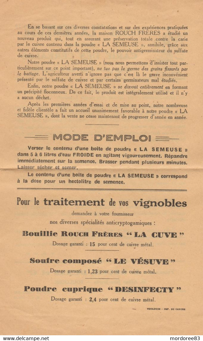 POUDRE LA SEMEUSE  CONTRE LA CARIE DES CEREALES - ROUCH - DUMAS TOULOUSE - Werbung