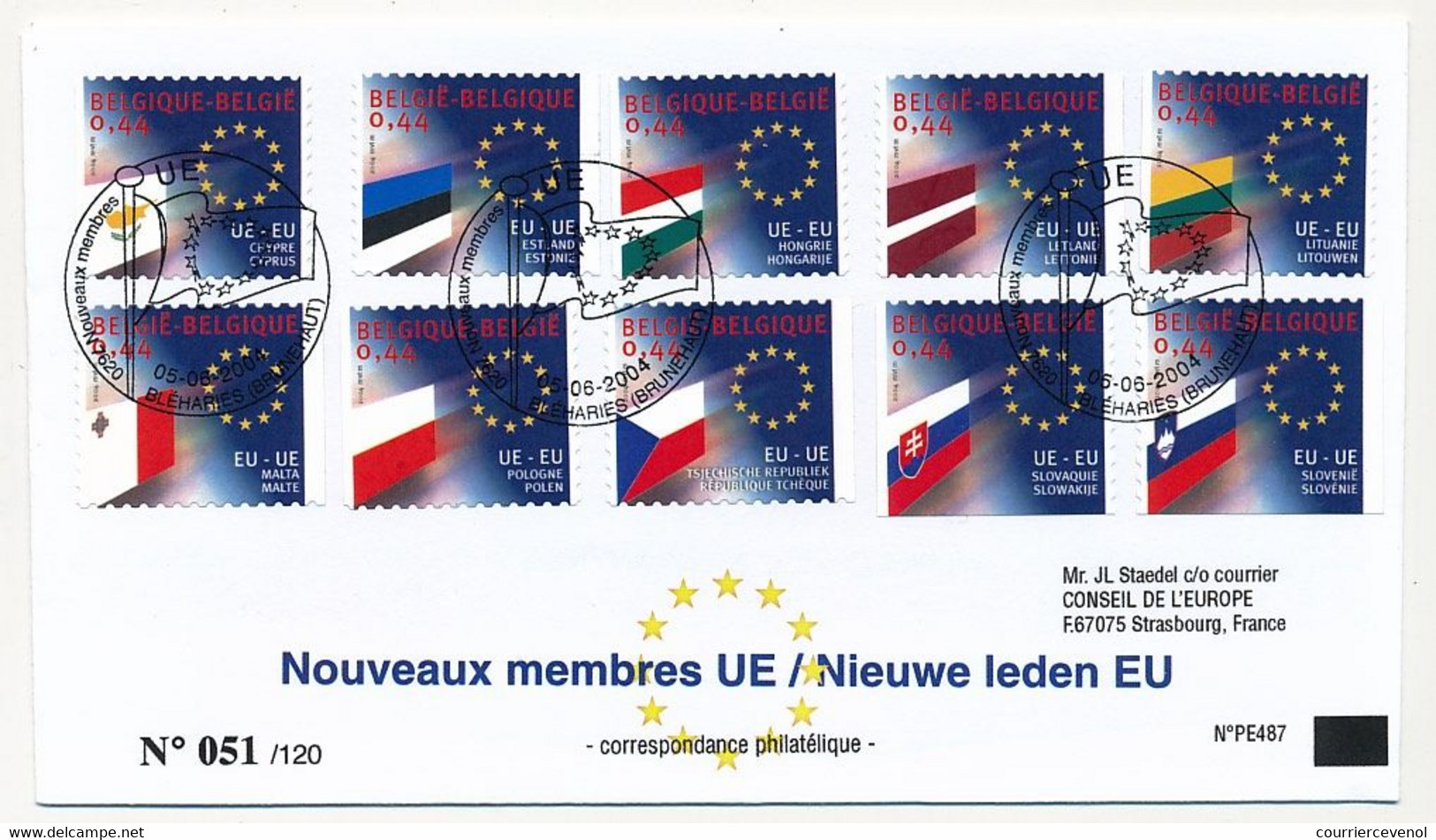BELGIQUE - Enveloppe FDC - 10 Valeurs Nouveaux Membres De L'Union Européenne - 5/6/2004 - Bléhariès - Idee Europee