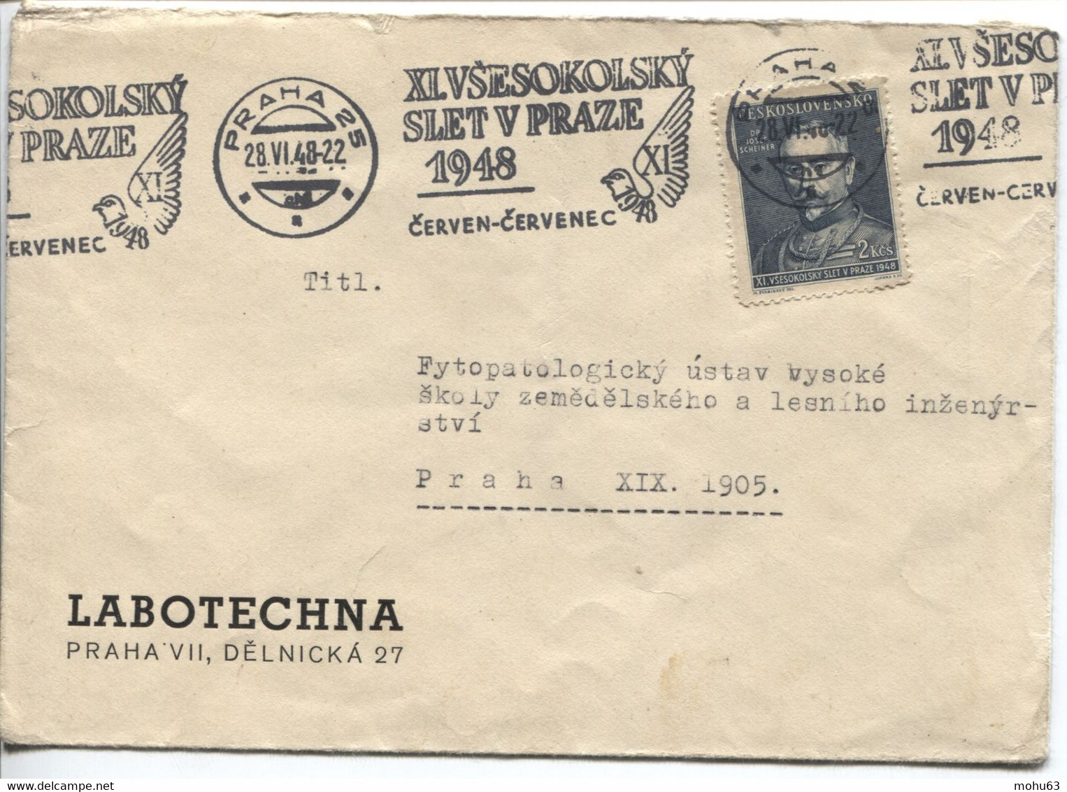 Tschechoslowakei # 542 Maschinenwerbestempel Praha Sokol-Spiele Brief 28.6.48 Einzelfrankatur - Storia Postale