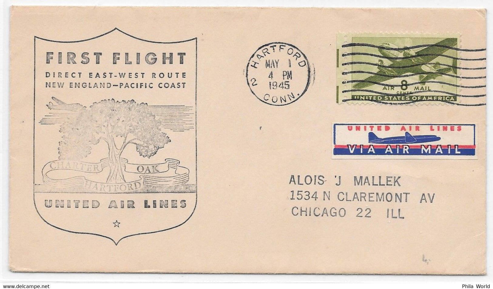 UNITED AIR LINES - 1945 US First Flight DIRECT EAST WEST Route New England Pacific Coast + Via Air Mail LABEL - Flugzeuge
