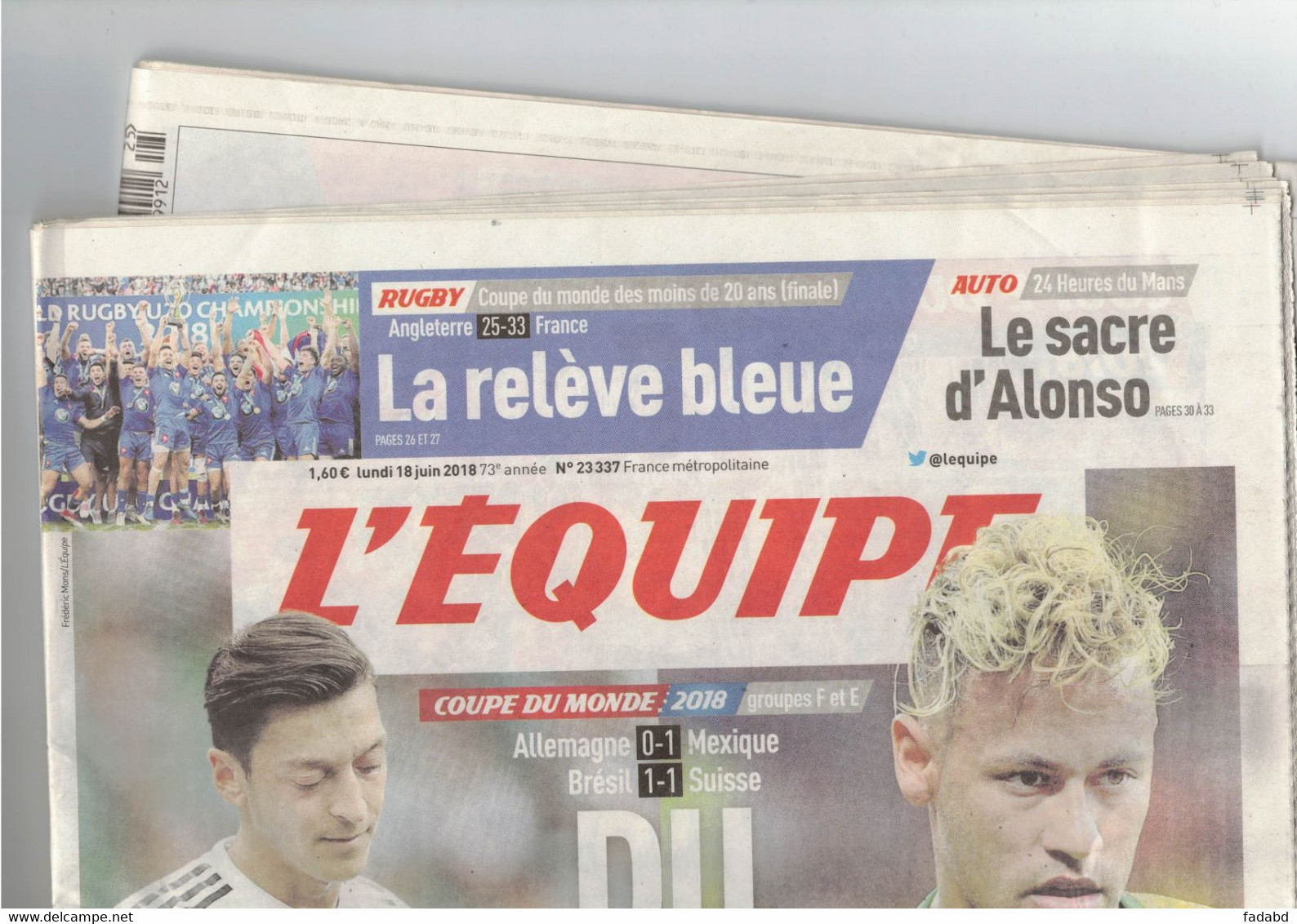 JOURNAL L EQUIPE DU 18 JUIN 2018 COUPE DU MONDE ALLEMAGNE BRESIL NEYMAR OZIL - Deportes