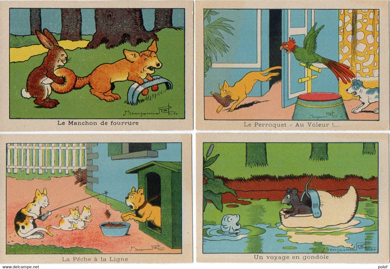 Benjamin RABIER -  4 Cartons Illustrés - Chiens, Chats, Perroquet, Lapin, Renard, Souris, Sabot     (120284) - Rabier, B.