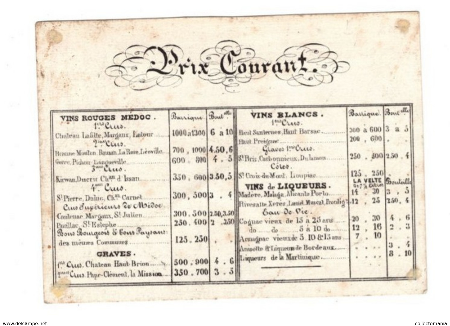 1 Carte Visite  Ct De Schryver Junior & C° Château De Kirwan  Cantenac Margaux Médoc Liste De Prix  12,5 X 9 Cm - Porcelaine