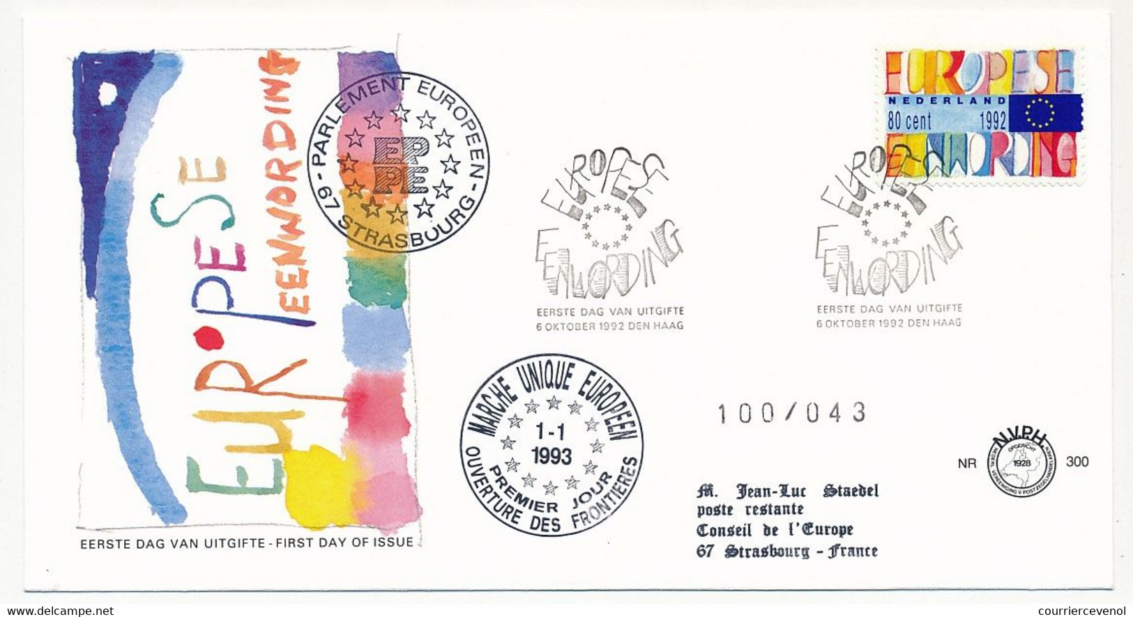 PAYS BAS - Enveloppe FDC - Nouveaux Membres De L'Union Européenne - 1/1/1993 - DEN HAAG - Europese Gedachte