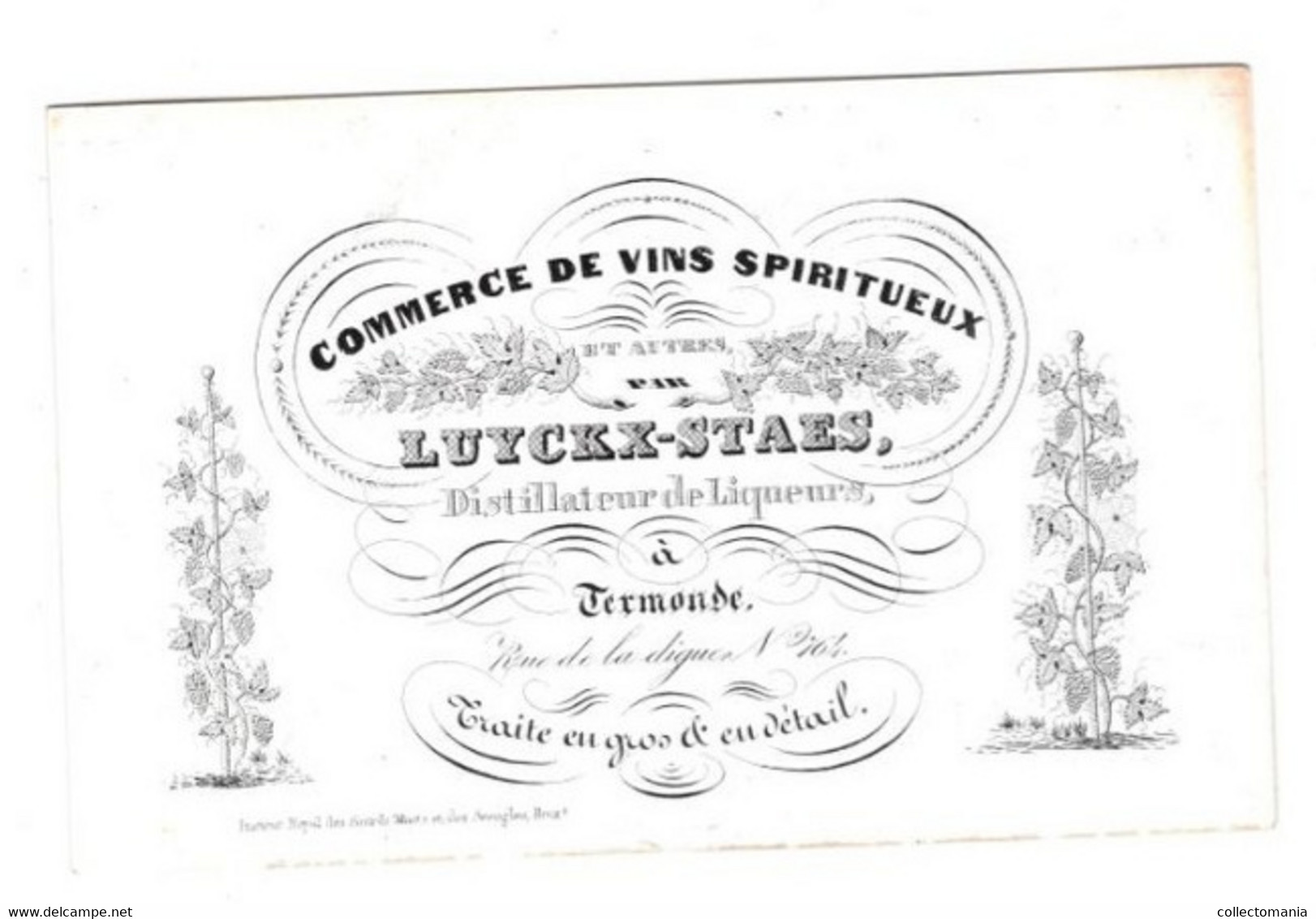 1 Carte Visite  Commerce De Vins Spiritueux Luyckx - Staes  Rue De La Digue  Termonde Dendermonde 11,5 X 7,5 Cm - Porseleinkaarten