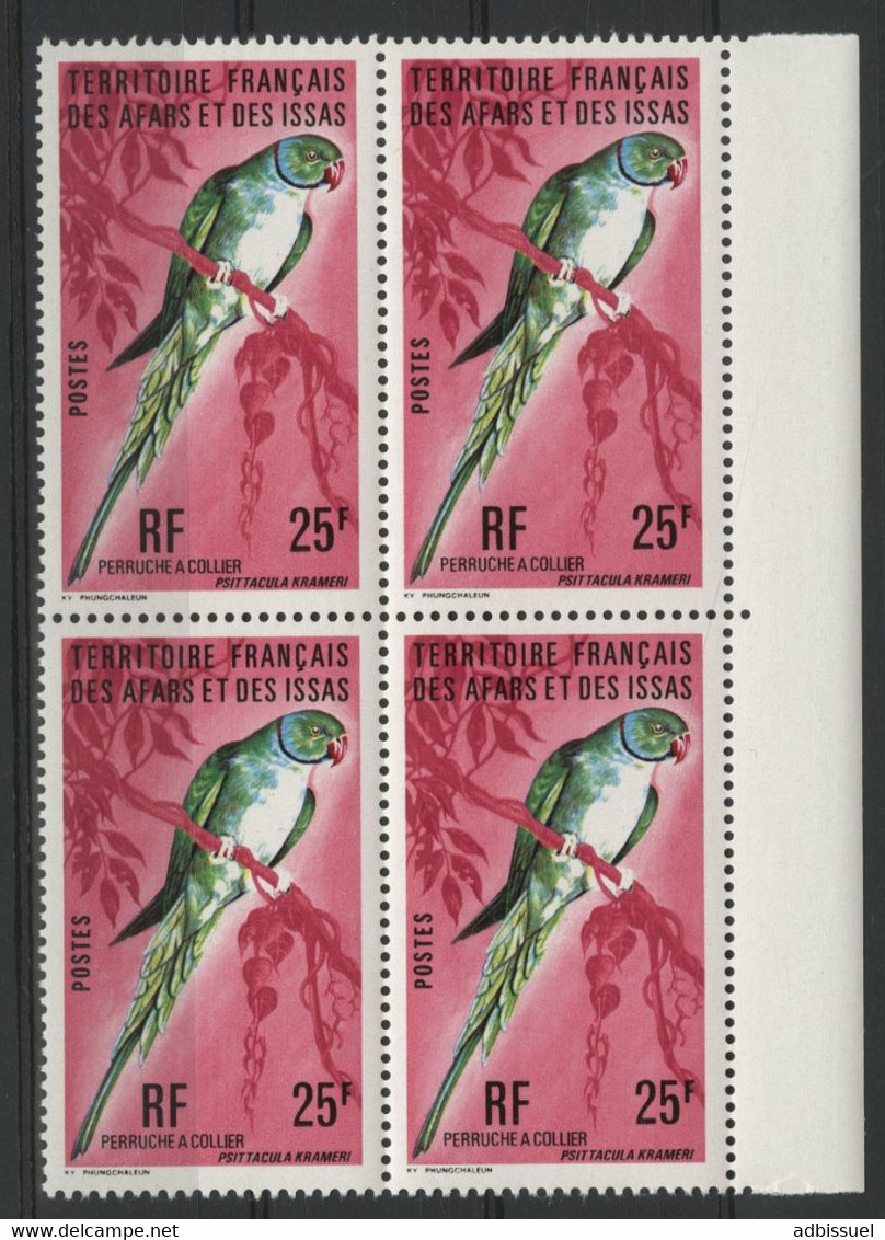 AFARS Et ISSAS COTE 14 € N° 428 Neufs ** (MNH) BLOC DE 4. PERRUCHE A COLLIER / ROSE-RINGED PARAKEET. TB - Perroquets & Tropicaux