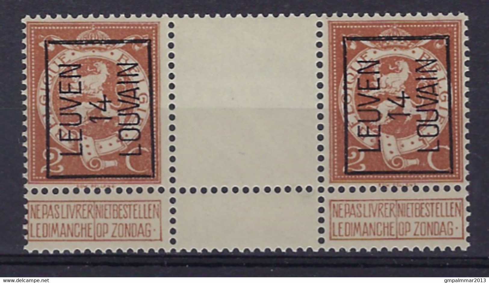 PELLENS Cijfer Nr. 109 (2 X) ** MNH  Voorafgestempeld TYPO Nr. 52 A  LEUVEN 14 LOUVAIN Met Tussenpaneel ! LUXE  ! - Typos 1912-14 (Löwe)