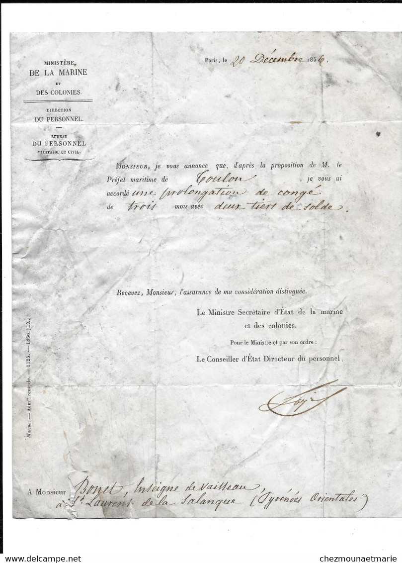 1856 PARIS - MINISTERE DE LA MARINE ET DES COLONIES A L ENSEIGNE DE VAISSEAU BONET DE ST LAURENT DE LA SALANQUE (66) - Documenti