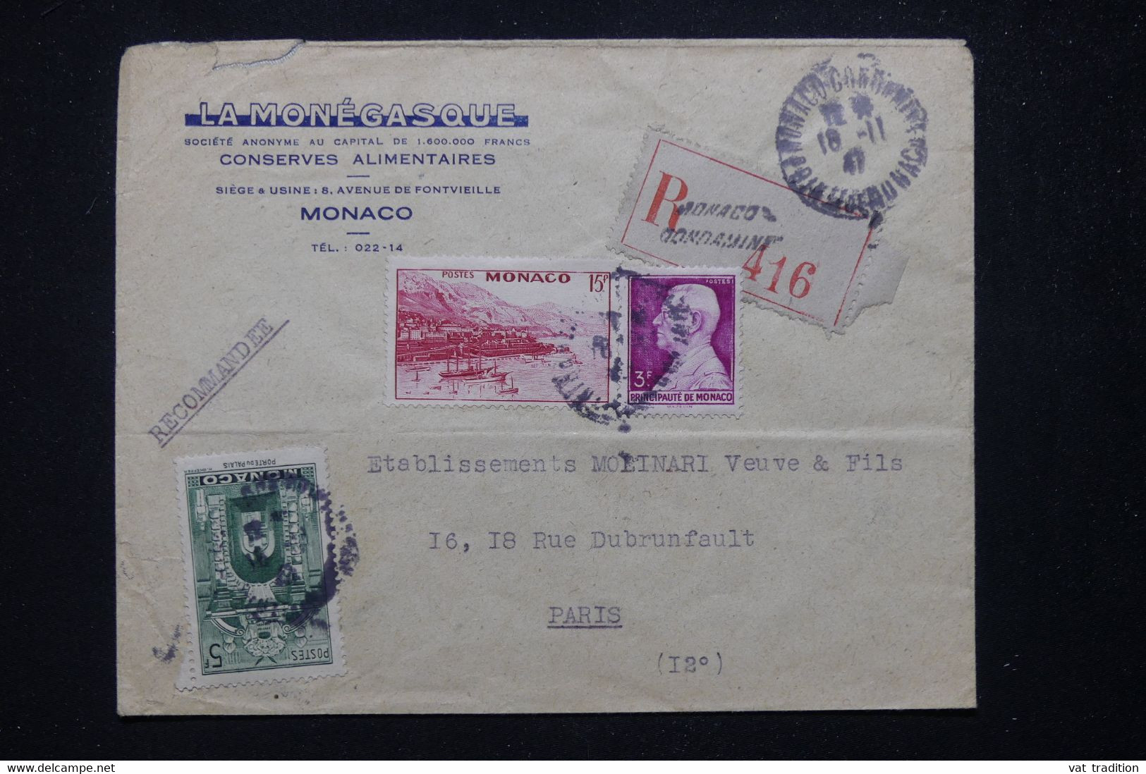 MONACO - Enveloppe Commerciale ( Conserves ) En Recommandé Pour Paris En 1947 - L 81701 - Cartas & Documentos