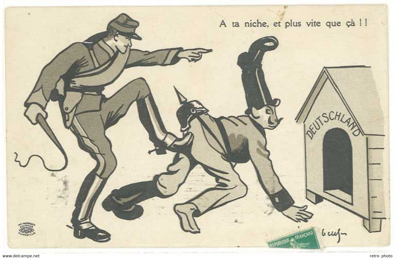 Cpa Signée Mass'Boeuf - A Ta Niche ... ( Anti-allemande, Niche, Casque à Pointe, Chien, Fouet )   ( S.3638) - Mass'Boeuf