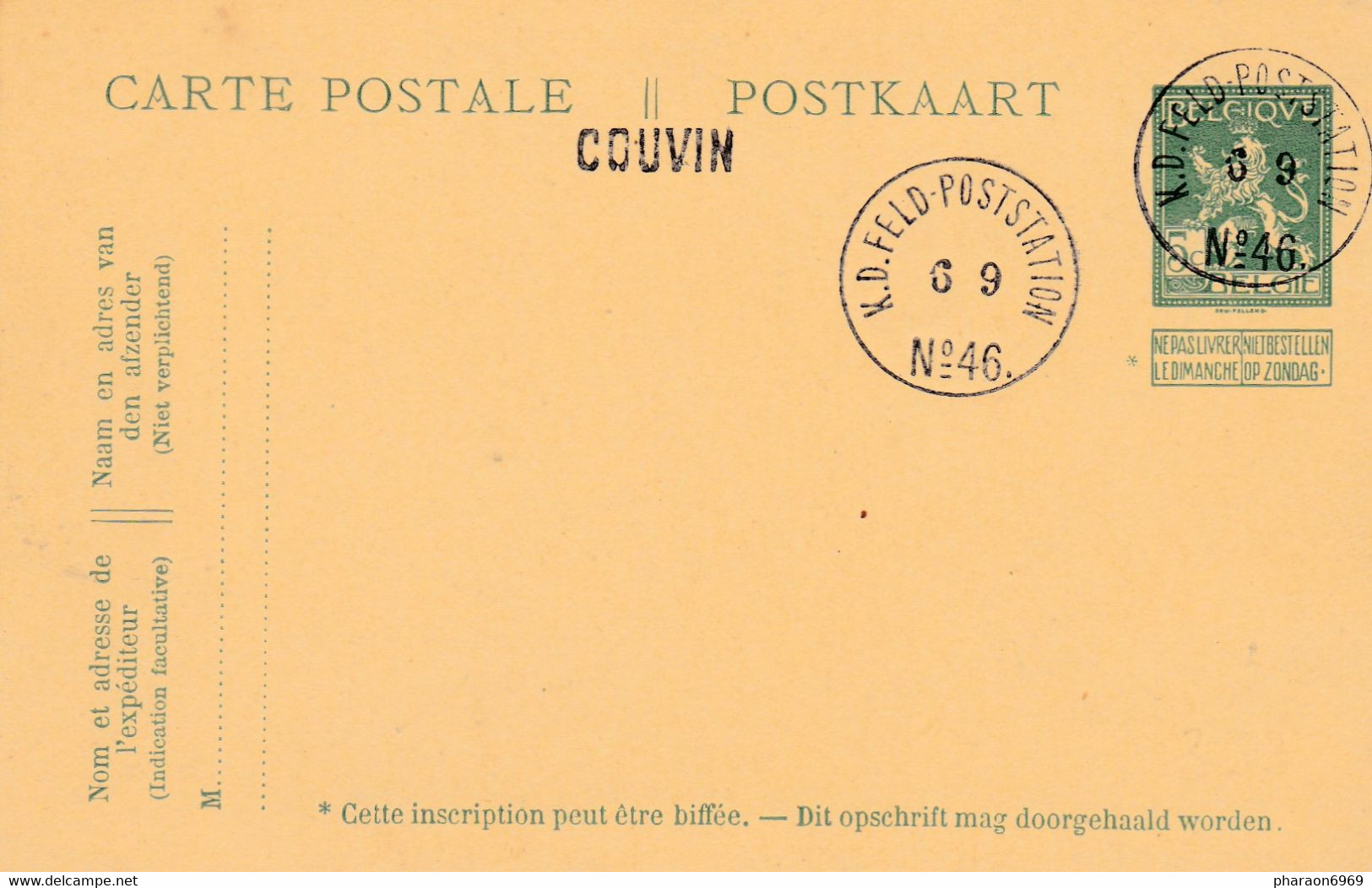 Carte Entier Postal Armoirie Griffe Couvin 2 Cachets K.D. Feld-poststation N° 46 - German Occupation