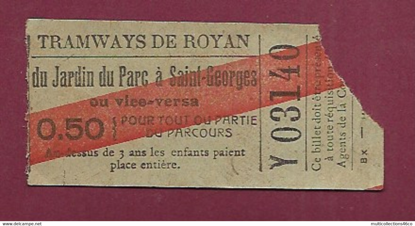 111220A - TICKET CHEMIN DE FER TRAM - Tramways De ROYAN Jardin Du Parc à Saint Georges 0,50 Y03140 - Europe