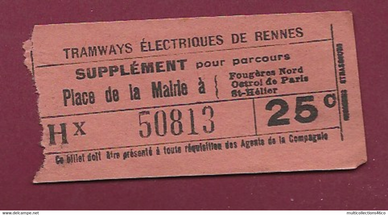 111220A - TICKET CHEMIN DE FER TRAM - TRAMWAYS ELECTRIQUES DE RENNES Supplément Place Mairie Hx 50813 25c - Europe