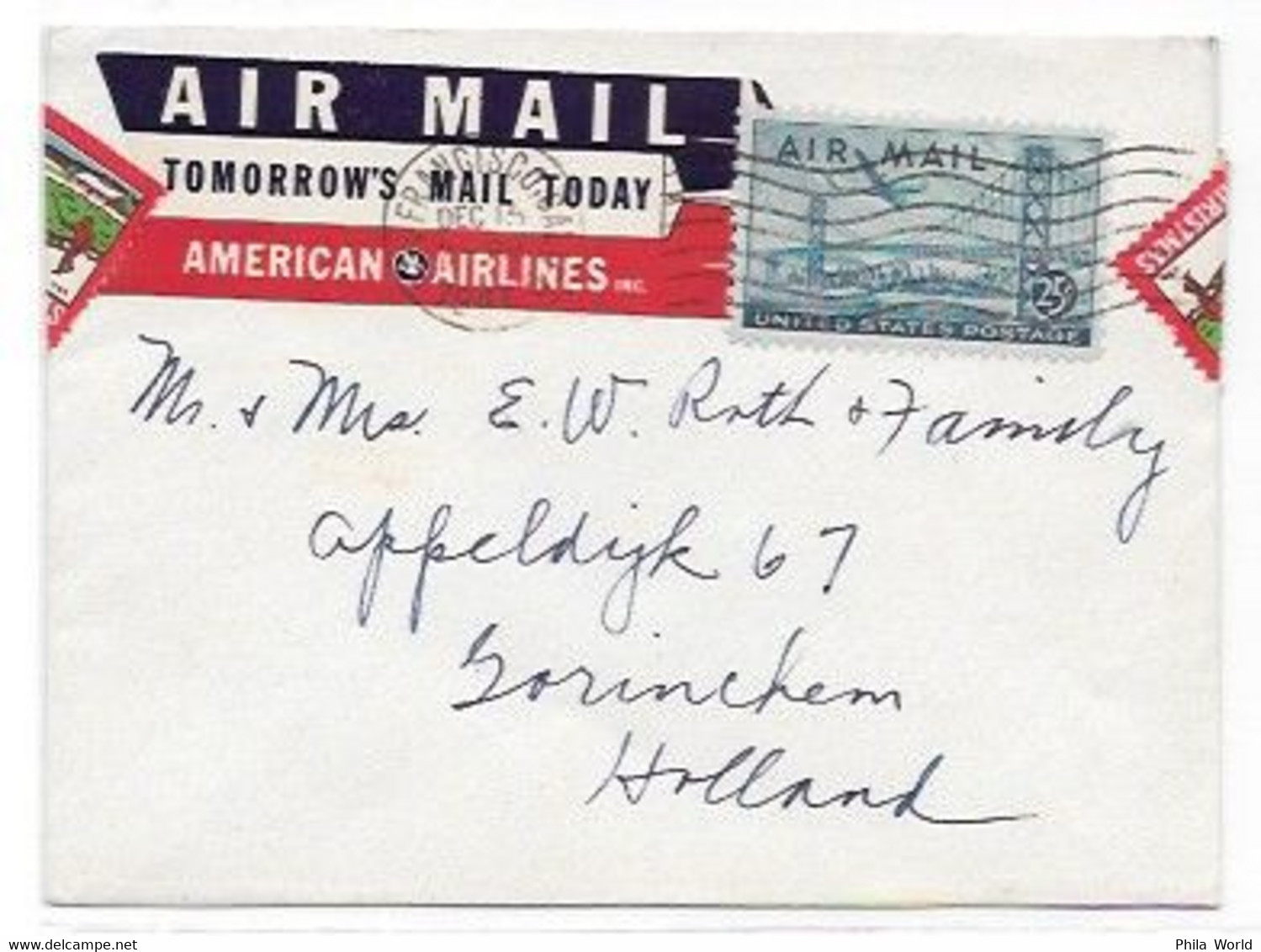 AMERICAN AIRLINES - 1947 US Air Mail Cover To HOLLAND + Tomorrow's Mail Today LABEL Of The Company + MERRY CHRISTMAS - Aerei