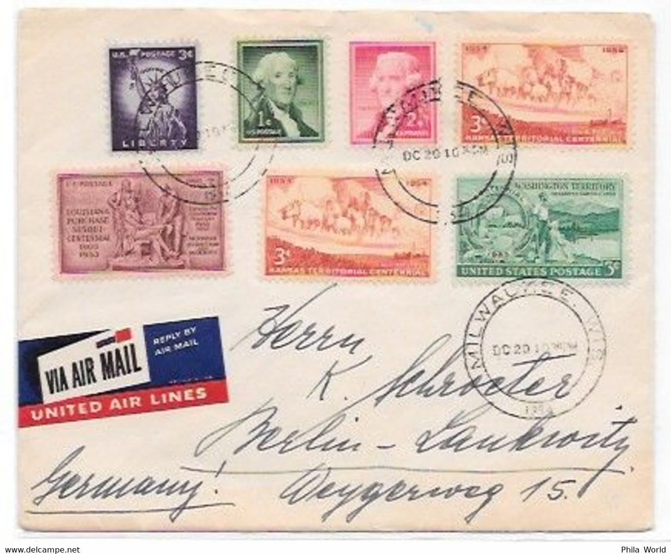 UNITED AIR LINES  - 1954 US MILWAUKEE Wisconsin Air Mail Cover To GERMANY Berlin + REPLY By Airmail LABEL Of The Company - Flugzeuge