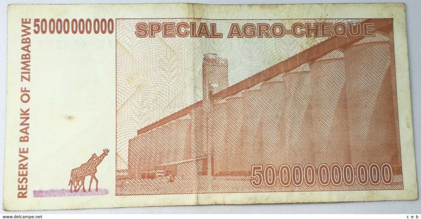 Billete Zimbabwe. 2008. 50.000.000.000 - 50 Billones Dólares. Agro Cheque. MBC - Zimbabwe