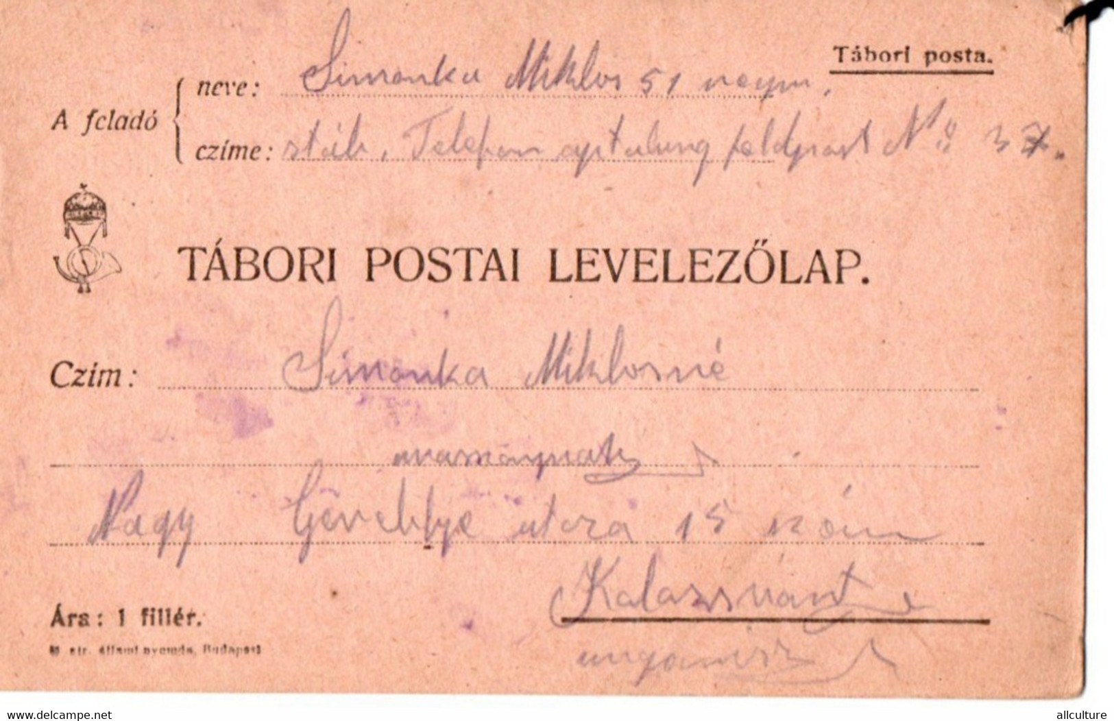 A82  - TABORI POSTA  TO   KOLOSVAR, CLUJ  HUNGARY/ROMANIA 1915 - WW1