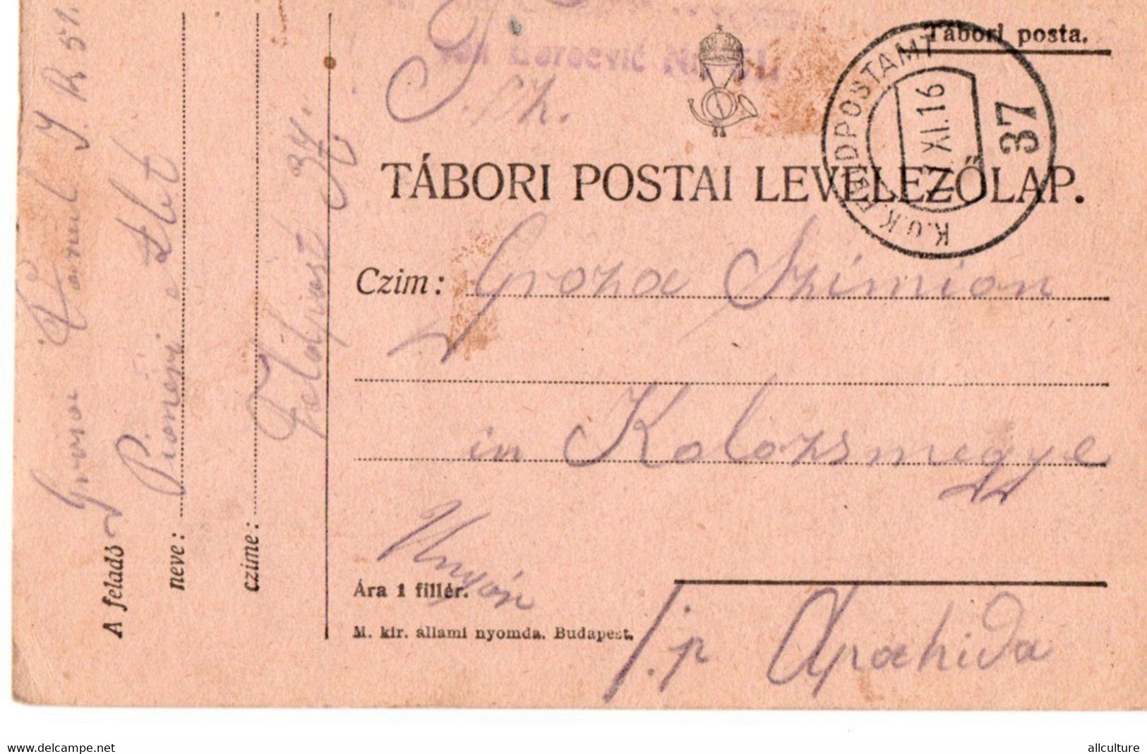 A83  - TABORI POSTA  TO   KOLOSVAR, CLUJ  APAHIDA HUNGARY/ROMANIA 1916 - WO1