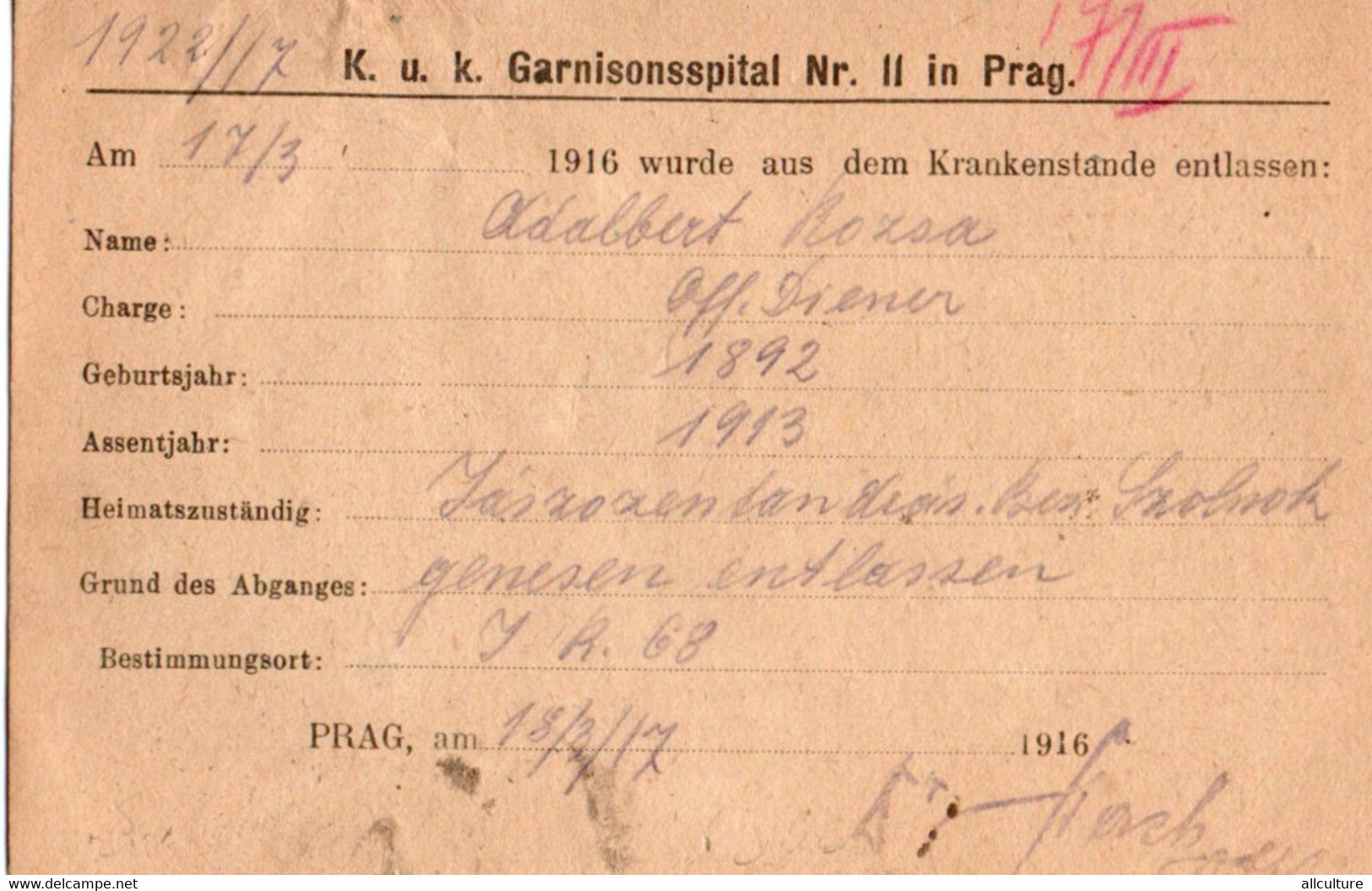 A84  - KORRESPONDENZ KARTE K.U.K. GARNISONSSPITAL NR. 2 IN PRAG PRAHA PORTOFRELE DFENSTSACHE 1916 - WW1 (I Guerra Mundial)