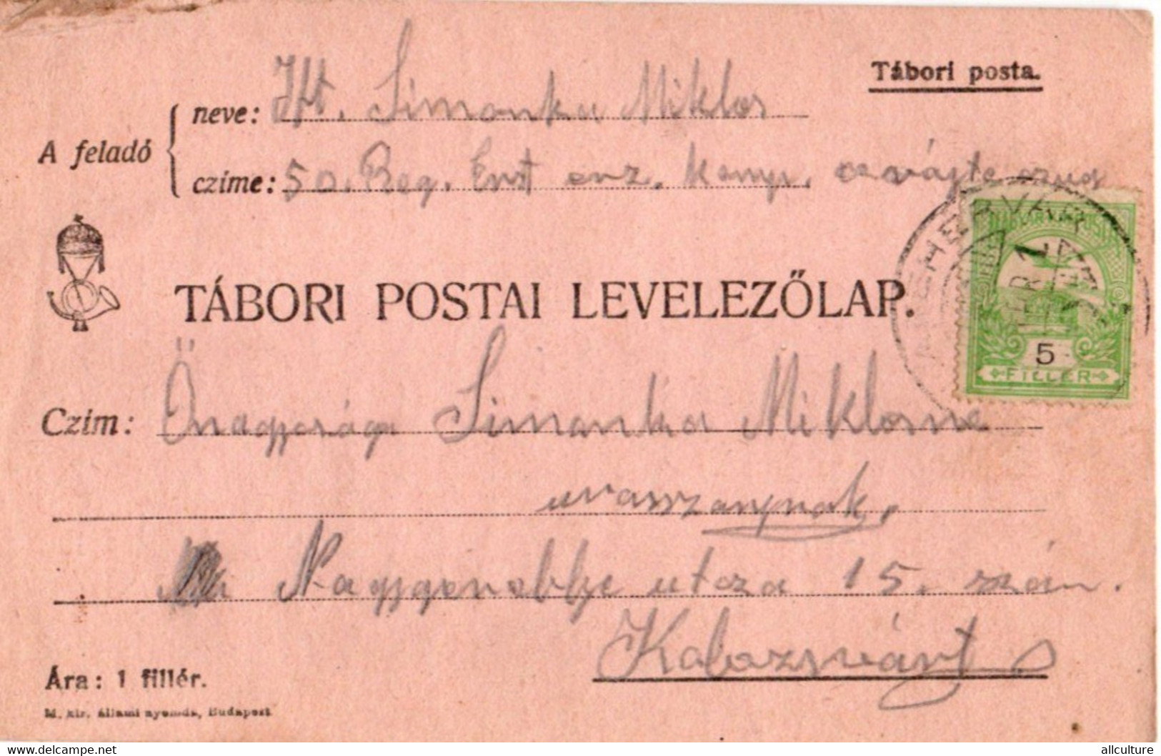 A85  - TABORI POSTA TO KOLOSVAR HUNGARY/ROMANIA 1915 - WW1