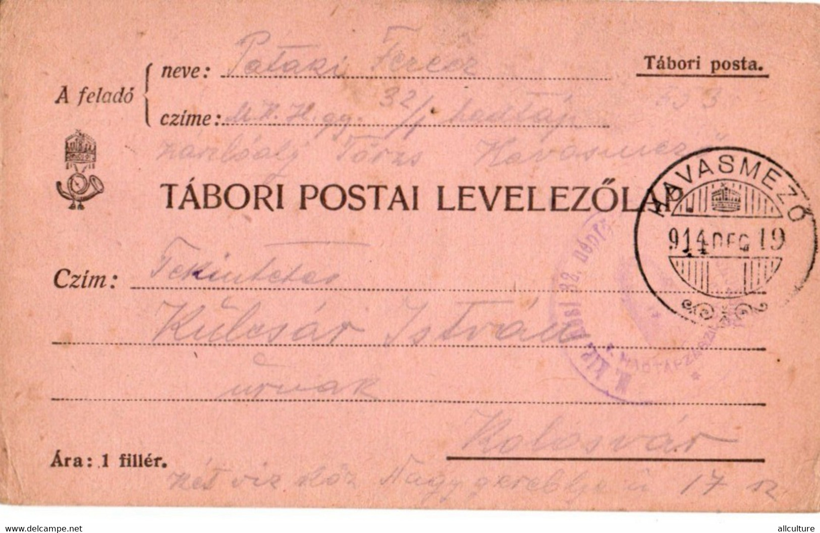 A87 - TABORI POSTA HAVASMEZA  TO KOLOSVAR HUNGARY/ROMANIA  MATTERMARK STAMP 1914 - 1. Weltkrieg