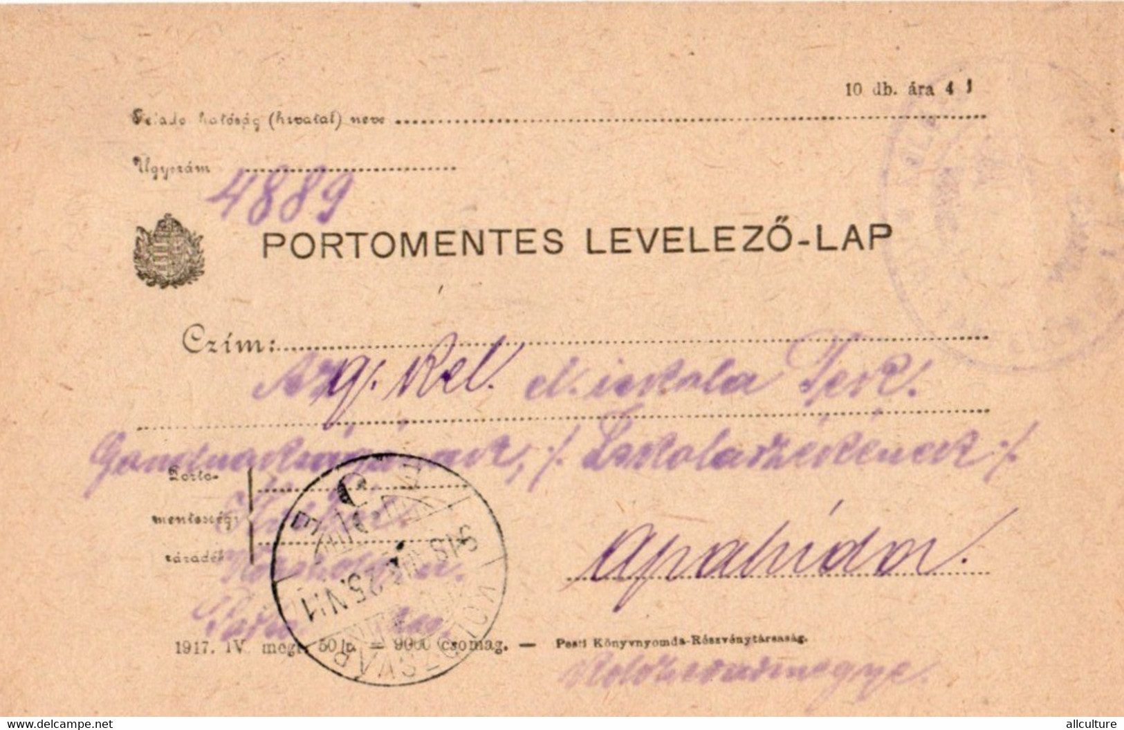 A90  - PORTOMENTES LEVELEZO LAP TO KOLOSVAR CLUJ ROMANIA 1918 - WW1