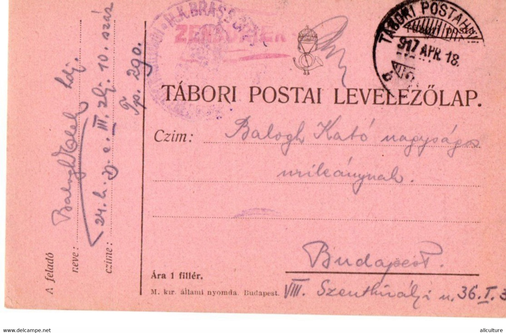 A94 -TABORI POSTA ZENZURIED CENZORED BUDAPEST 1917 - WW1