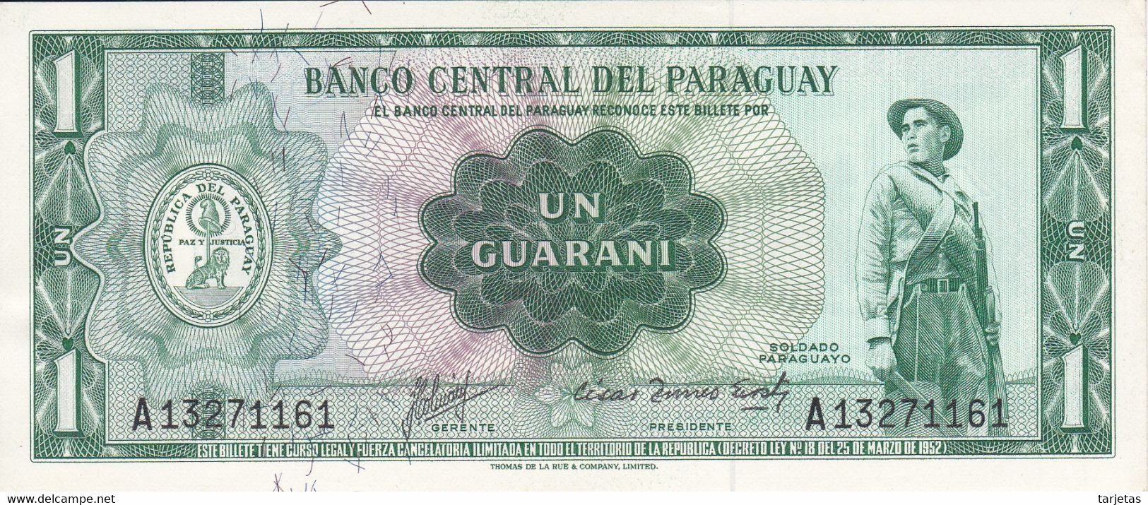 BILLETE DE PARAGUAY DE 1 GUARANI DEL AÑO 1952  (BANKNOTE) SIN CIRCULAR-UNCIRCULATED - Paraguay