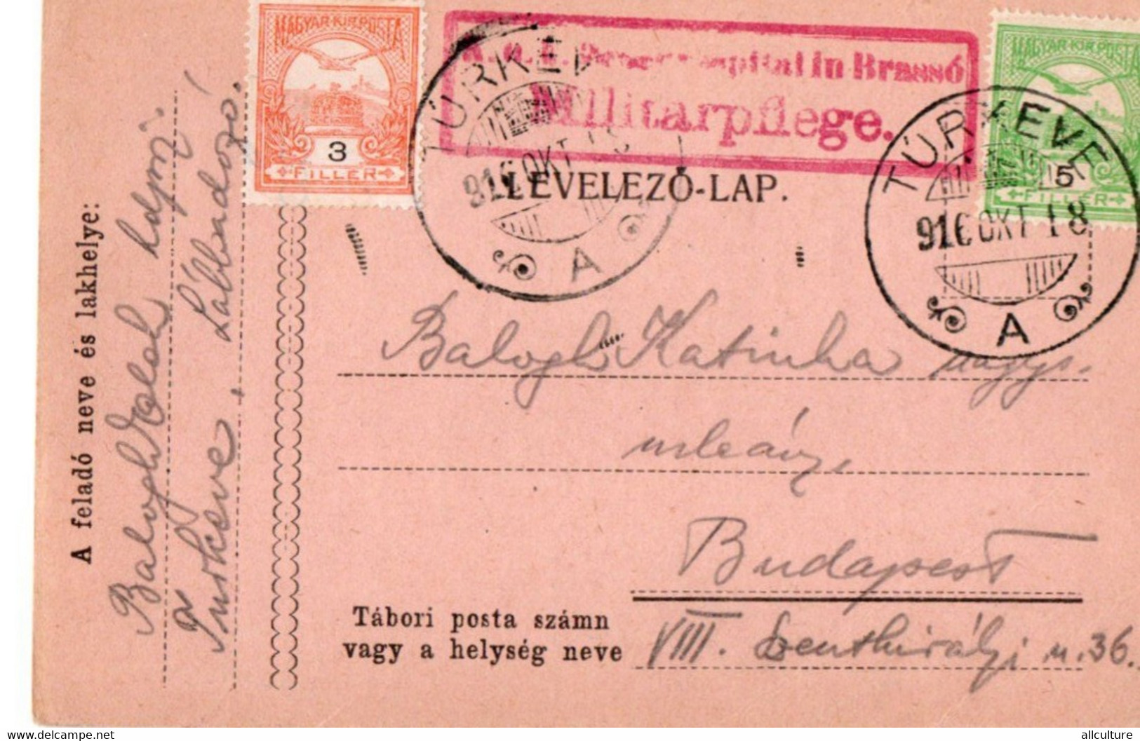 A97 - TABORI POSTA LEVELEZO LAP TURKEVE STAMP MATTERMARK TO BUDAPEST 1916 - WO1