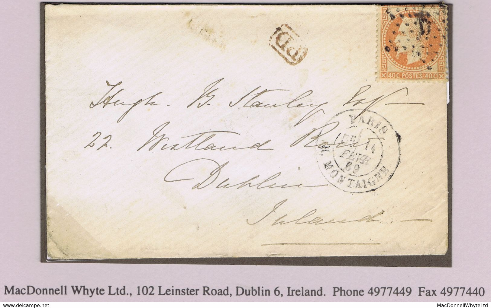 Ireland Maritime Dublin 1869 Small H&K PACT Code 9 Cds For FE 12 Clear Strike On Cover To Dublin With France 40c Orange - Vorphilatelie