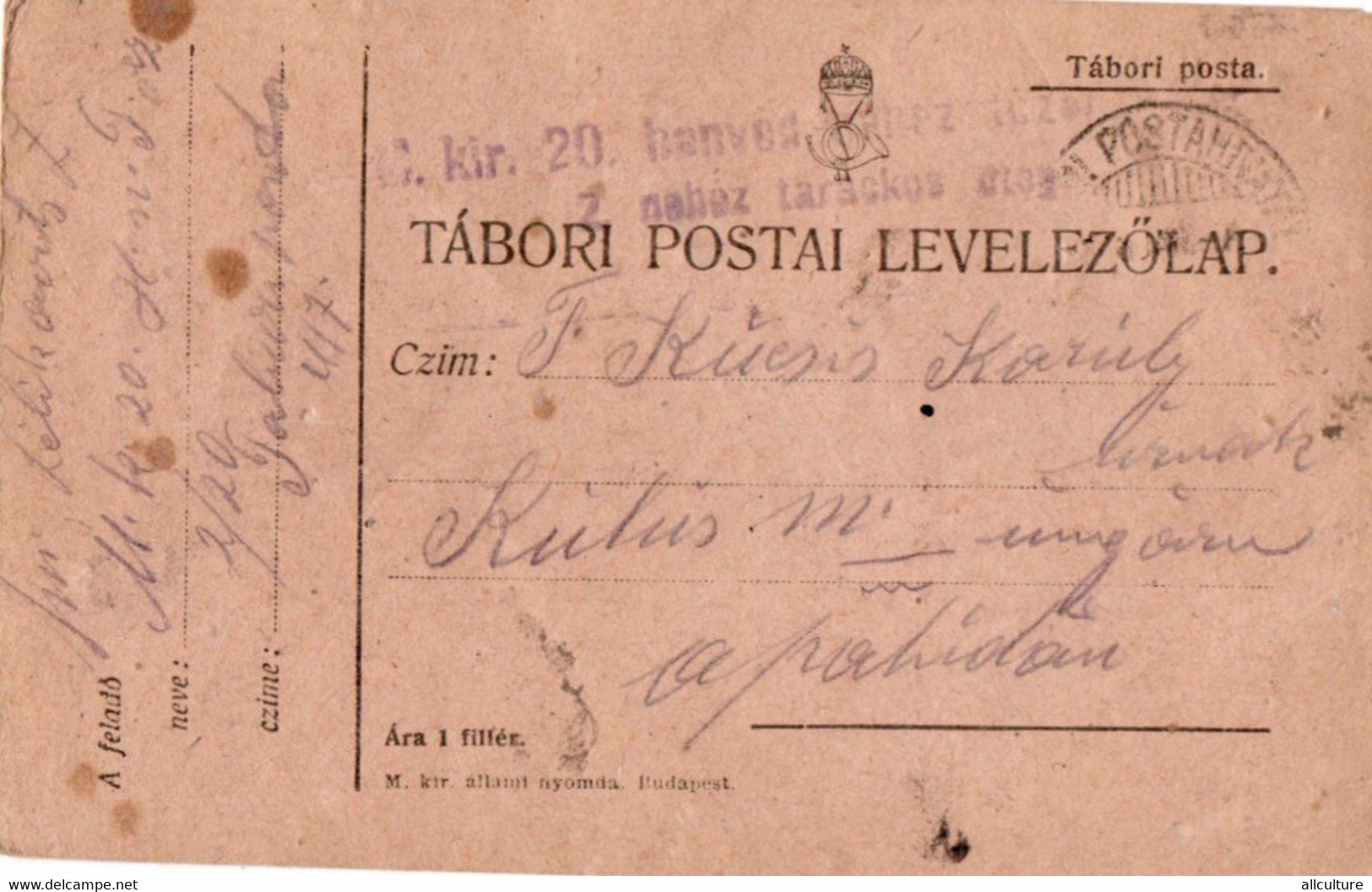 A107 - TABORI POSTA TO APAHIDA ROMANIA 1WW LETTER 1918 - WW1 (I Guerra Mundial)