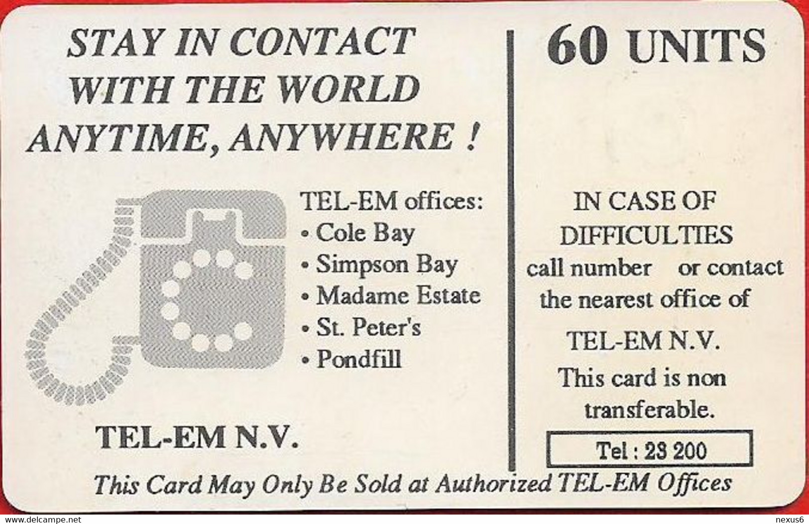 St. Maarten - Tel-Em (Chip) - Globe (2nd Edit.), Gem1A Symm. Black, With Transp. Moreno On Back, 60U, Used - Antilles (Netherlands)