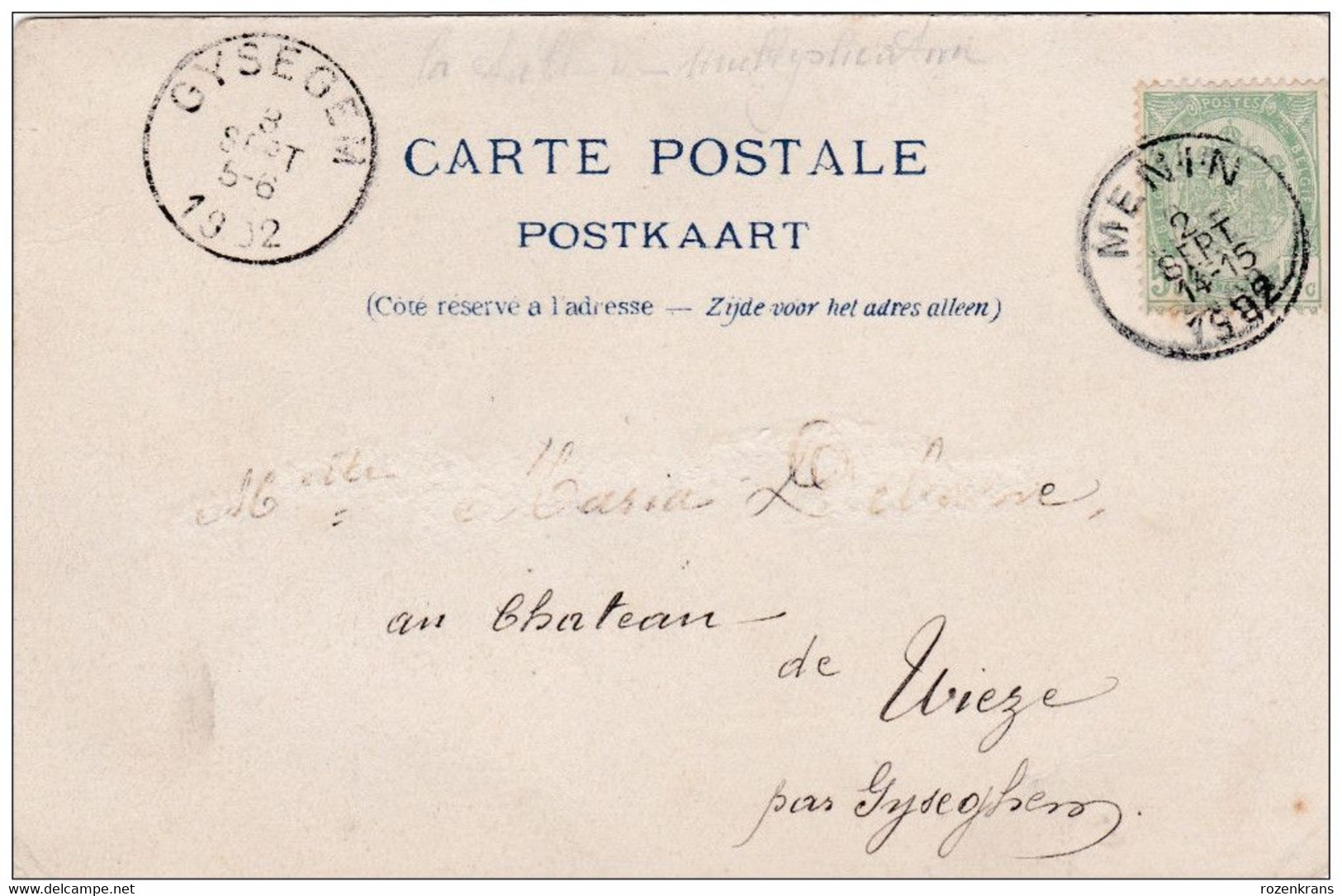 Menin Bout De La Rue De Bruges 1902 Postzegel Stempel Gysegem Menen ZELDZAAM - Menen