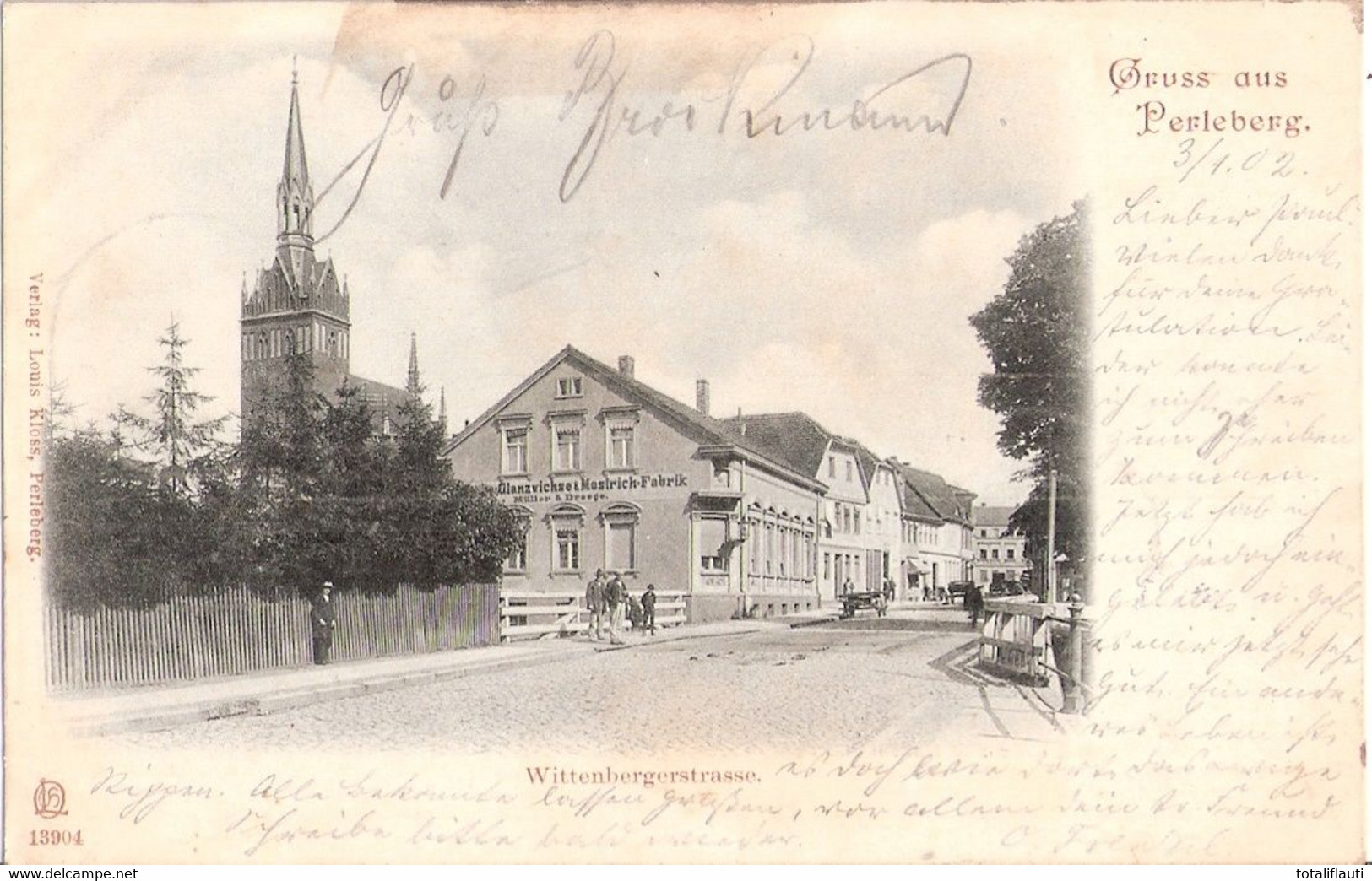 PERLEBERG Wittenberger Straße Glanzwichs & Mostrich Fabrik Müller & Dreege 4.1.1902 Soldatenkarte Eigene Angelegenheit - Perleberg