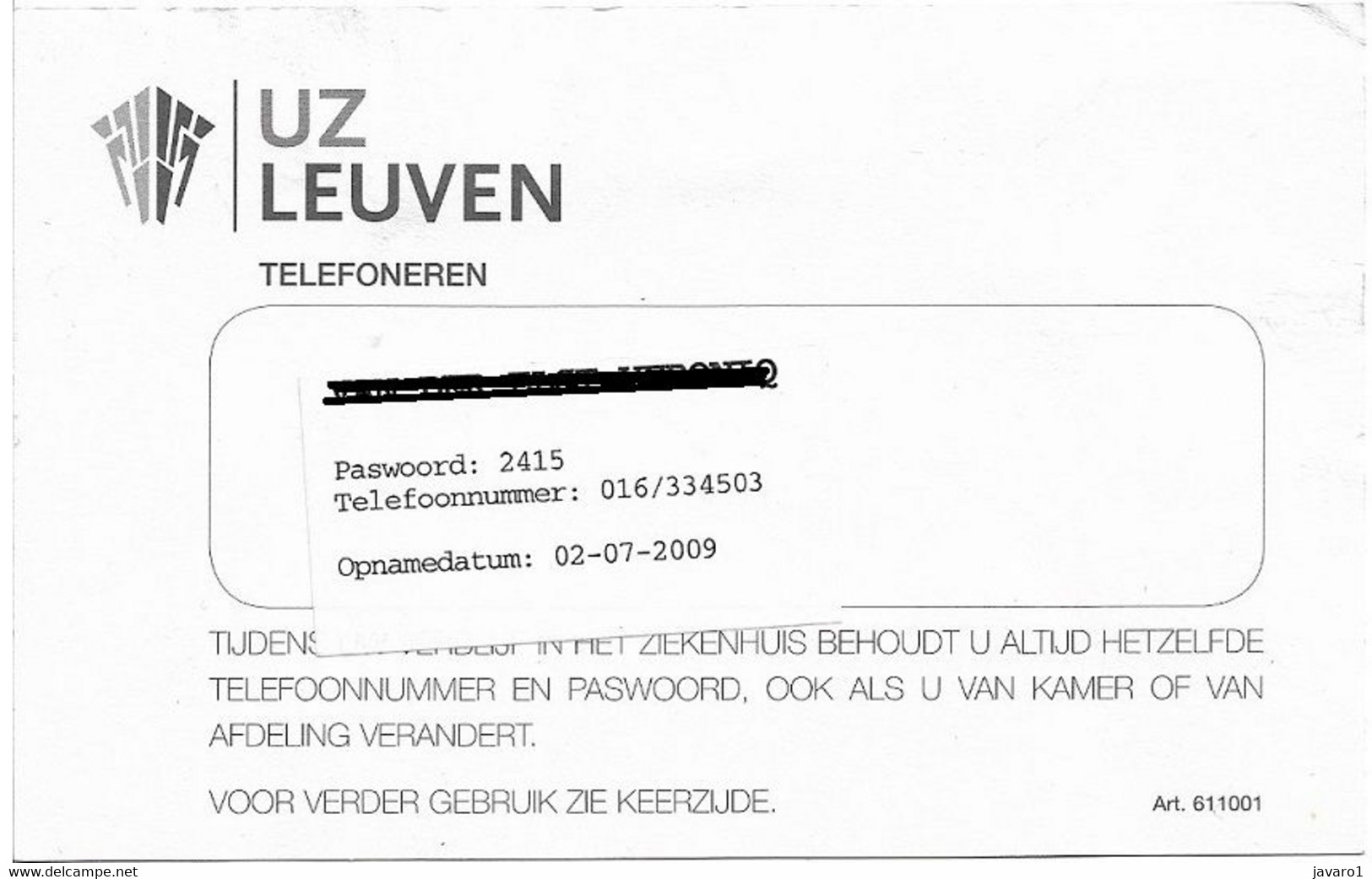 BELGIUM :  UZ Leuven Hospital Phone Card (1) - Da Identificare