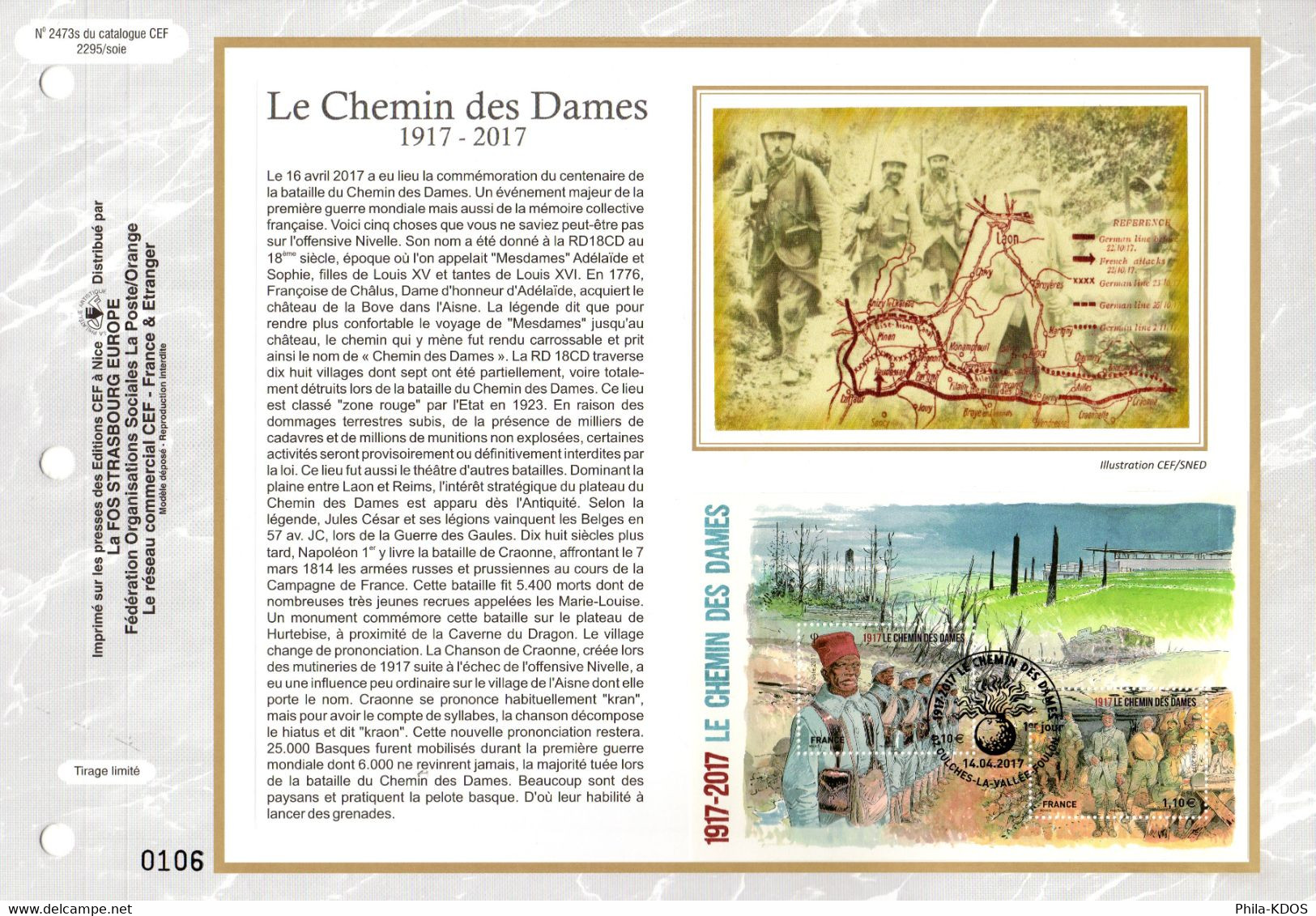 2017 : " LE CHEMIN DES DAMES " Sur Feuillet CEF Sur Soie. N° YT F5138. Parfait état. FDC - WW1 (I Guerra Mundial)