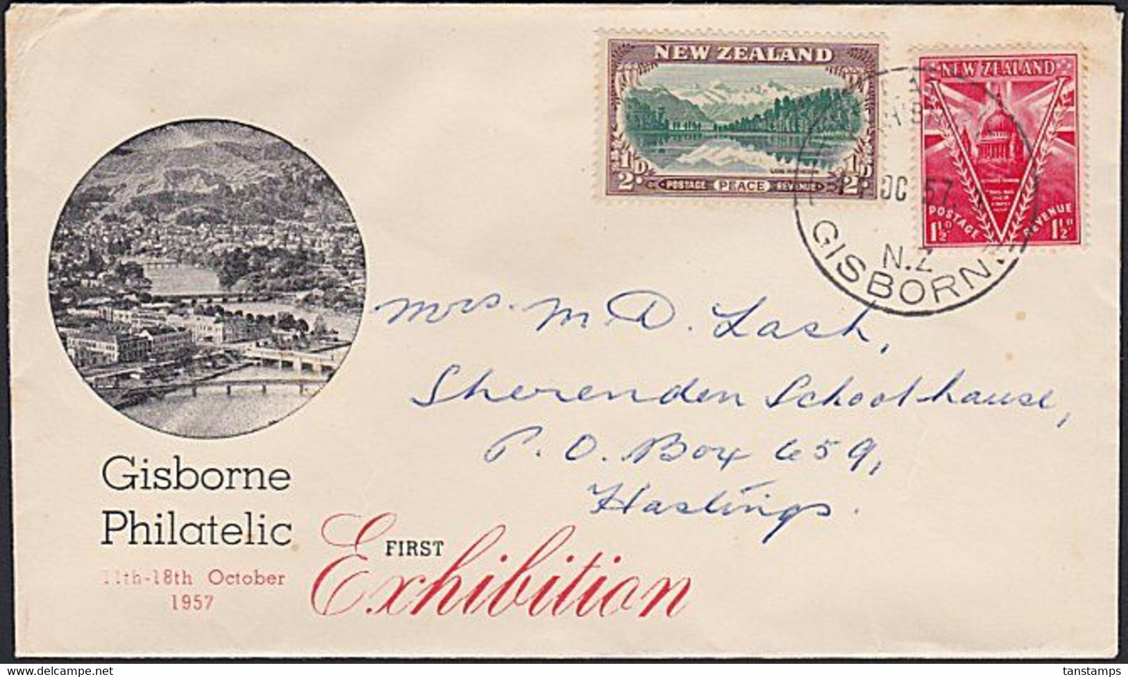 NEW ZEALAND GISBORNE PHILATELIC EXHIBITION 1957 PEACE STAMPS FRANKING - Cartas & Documentos