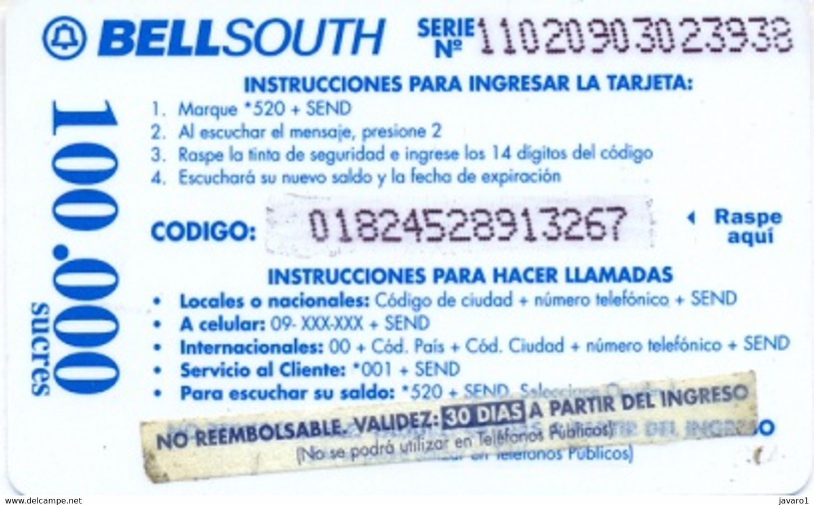 ECUADOR : BSP103F 100 BEAR Sticker 30 Days Over 45 Days USED - Ecuador