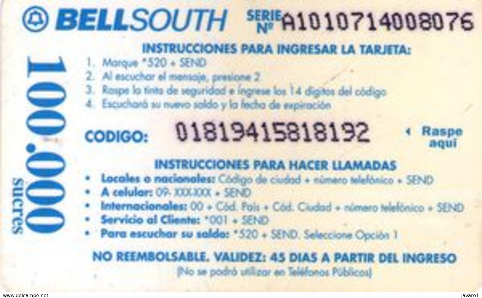 ECUADOR : BSP104E 100 TIGRILLO 45 Dias USED - Equateur