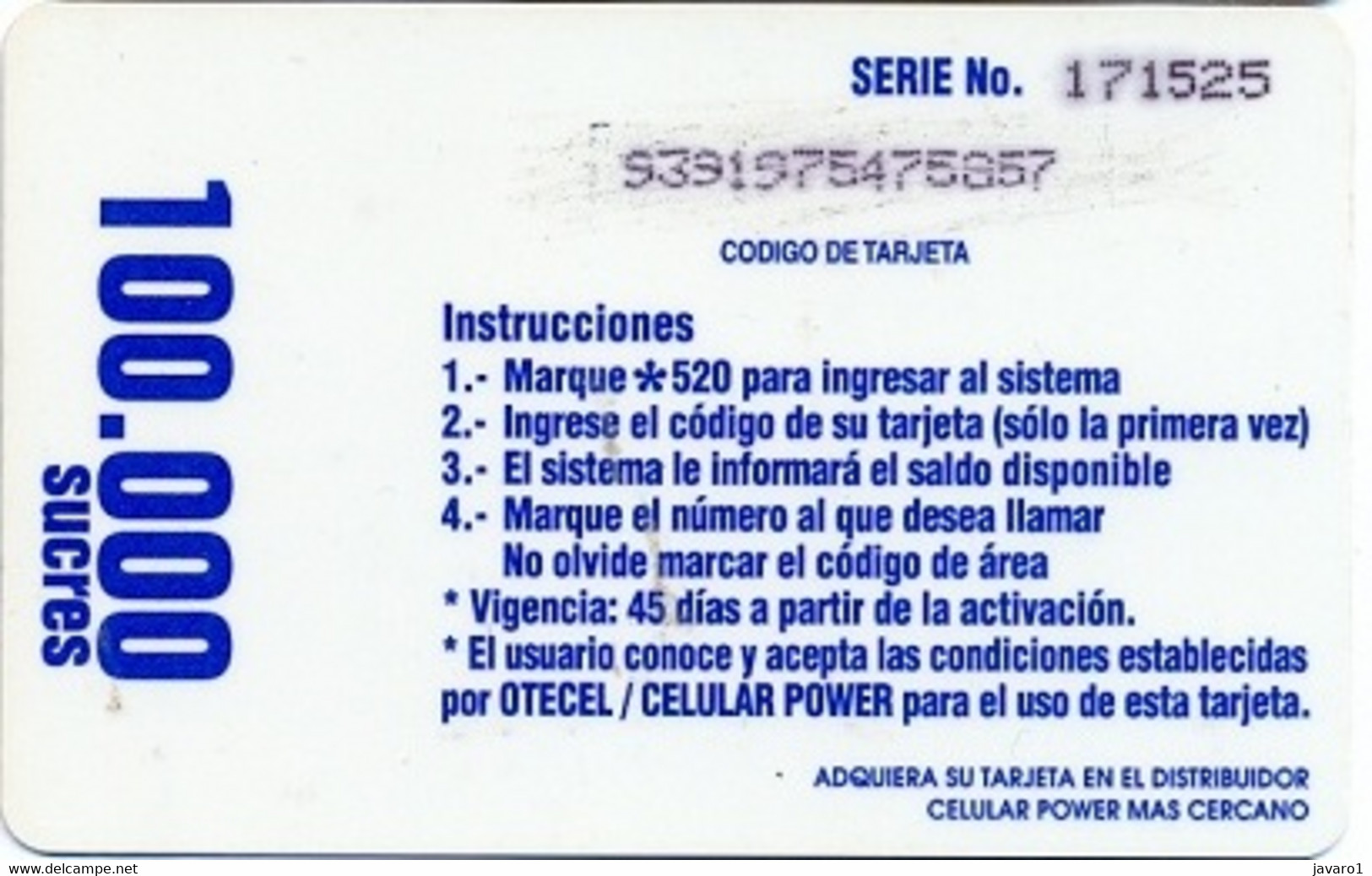 ECUADOR : CP-03B 100 Celular Power Children (no Rectangle) USED - Equateur