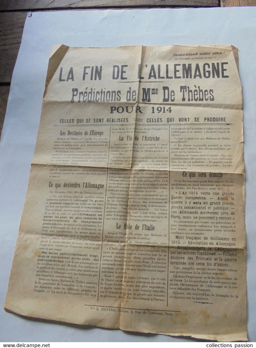 Affiche , Militaria , Voyance , Les Prédictions De Mme De THEBES Pour 1914 , La Fin De L'Allemagne , Frais Fr 1.95 € - Afiches