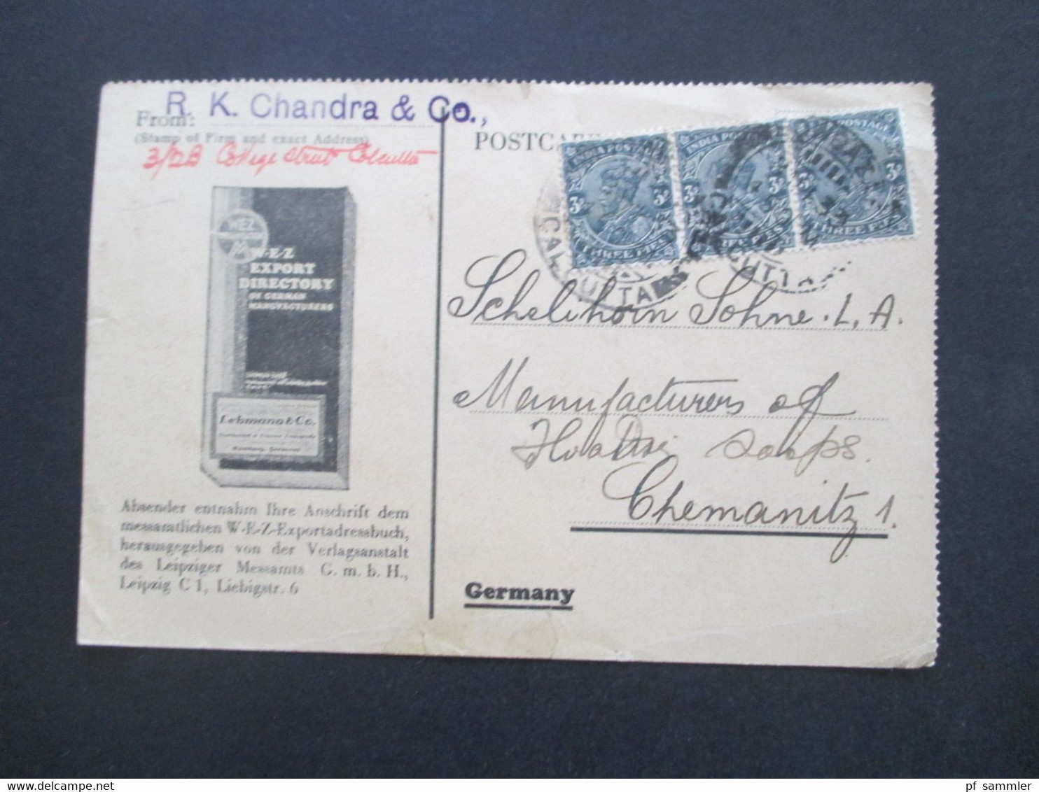 GB Kolonie Indien 1933 Dekorative Firmen PK WEZ Exportadressbuch From R.K. Chandra & Co. Calcutta - Chemnitz - 1911-35 King George V