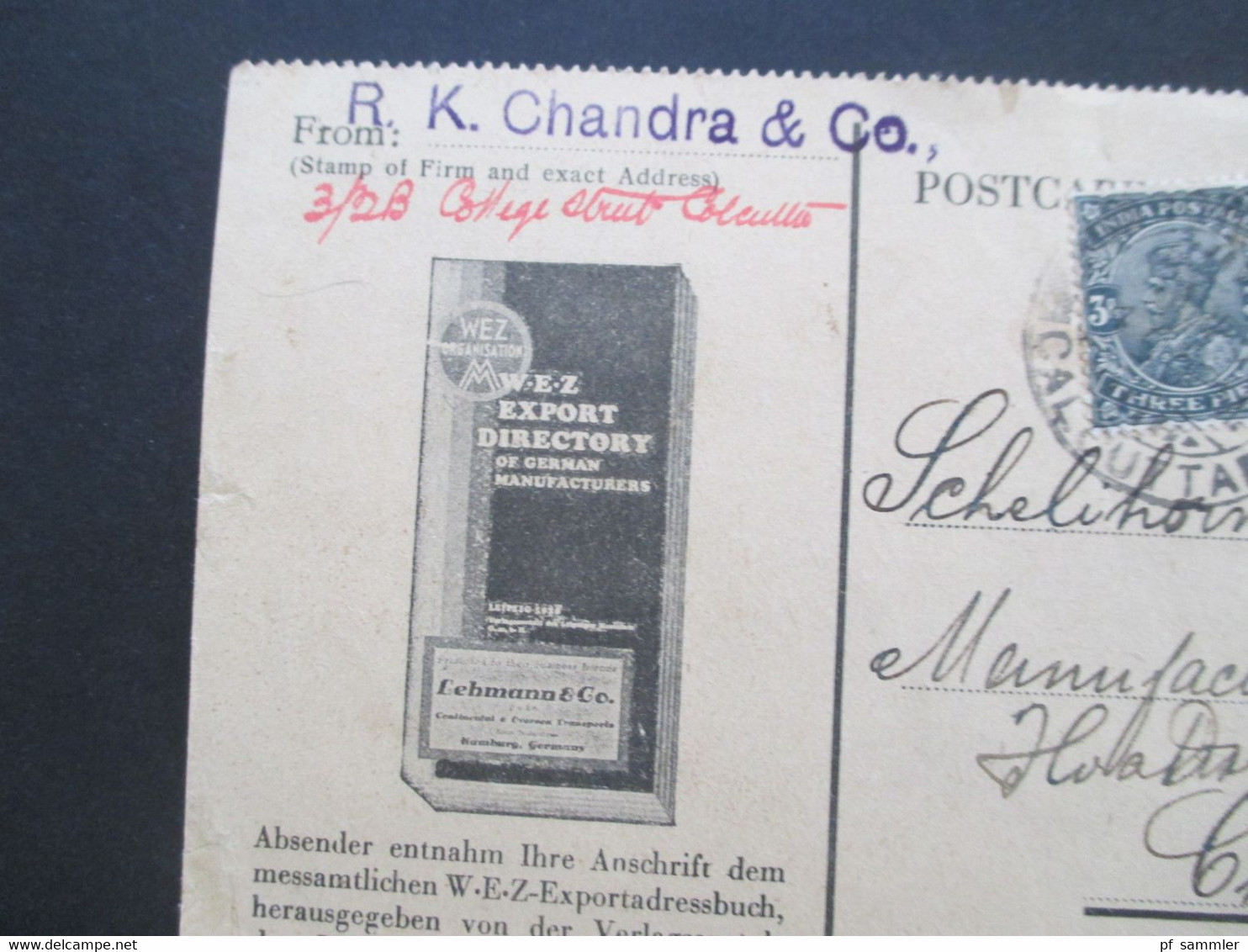 GB Kolonie Indien 1933 Dekorative Firmen PK WEZ Exportadressbuch From R.K. Chandra & Co. Calcutta - Chemnitz - 1911-35 Roi Georges V
