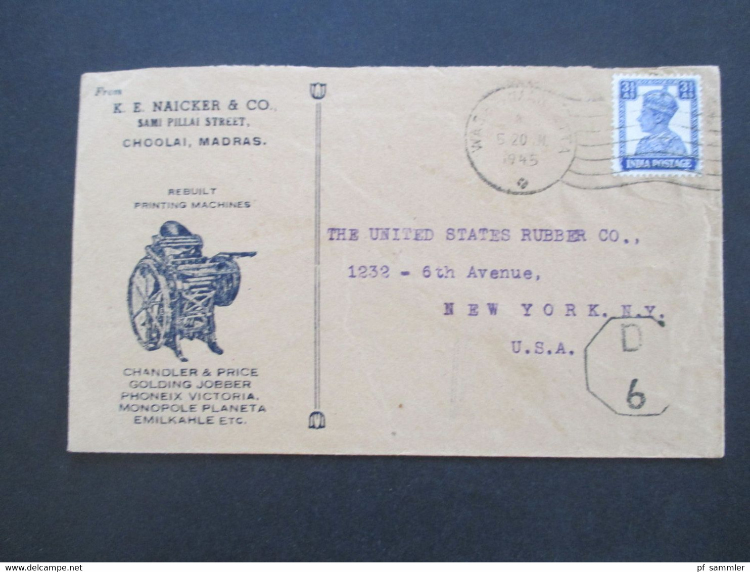 GB Kolonie Indien 1945 Dekorativer Firmen Umschlag K.E. Naicker & Co. Rebuilt Printing Machines / Rotary Cutting Machine - 1936-47 King George VI