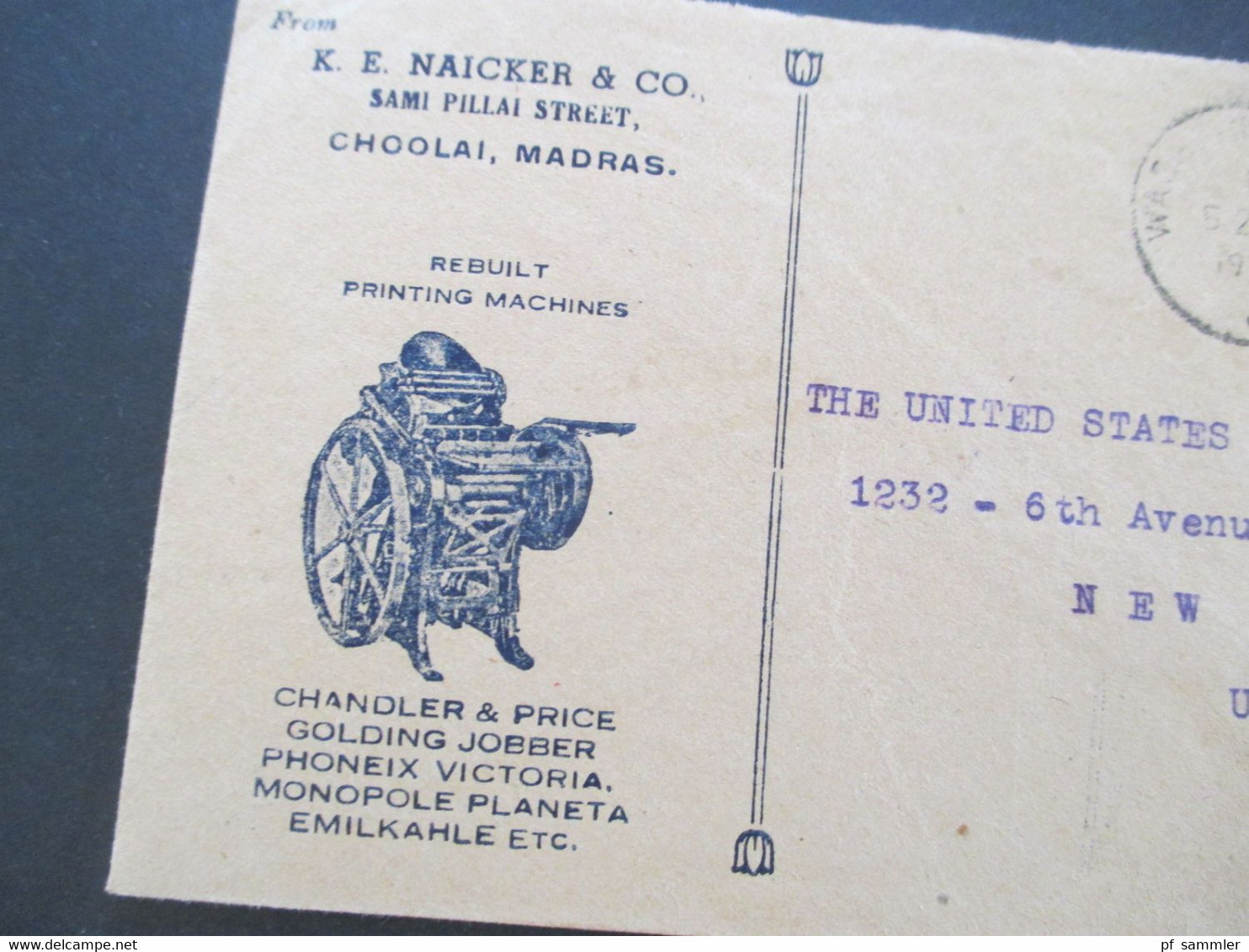 GB Kolonie Indien 1945 Dekorativer Firmen Umschlag K.E. Naicker & Co. Rebuilt Printing Machines / Rotary Cutting Machine - 1936-47 Koning George VI