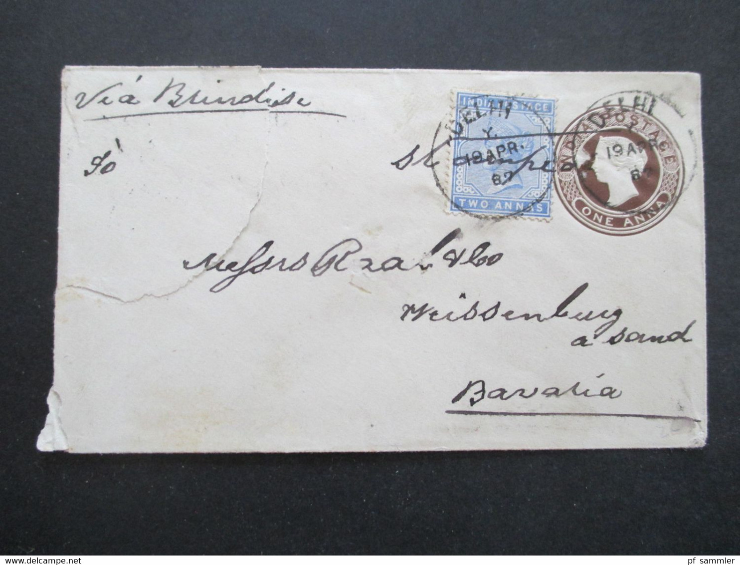 GB Kolonie Indien 1887 GA Umschlag Mit Zusatzfrankatur Delhi Via Brindisi - Weissenburg In Bayern Sea Post Office Stempe - 1858-79 Compañia Británica Y Gobierno De La Reina